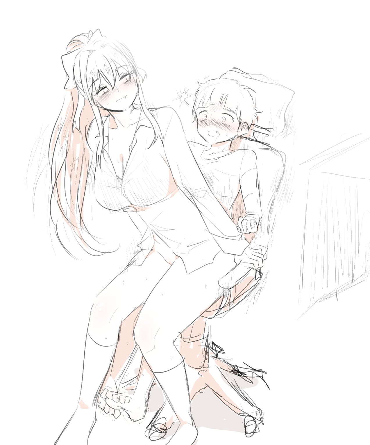 1boy, 1girls, anon, bow, chair, desk, doki doki literature club, drool, duo, female, knk (artist), male, monika (doki doki literature club), no color, no panties, no skirt, open mouth, penis, ponytail, riding, riding penis, saliva, simple background, sitting, suprised, suprised eyes, suprised look, white bow