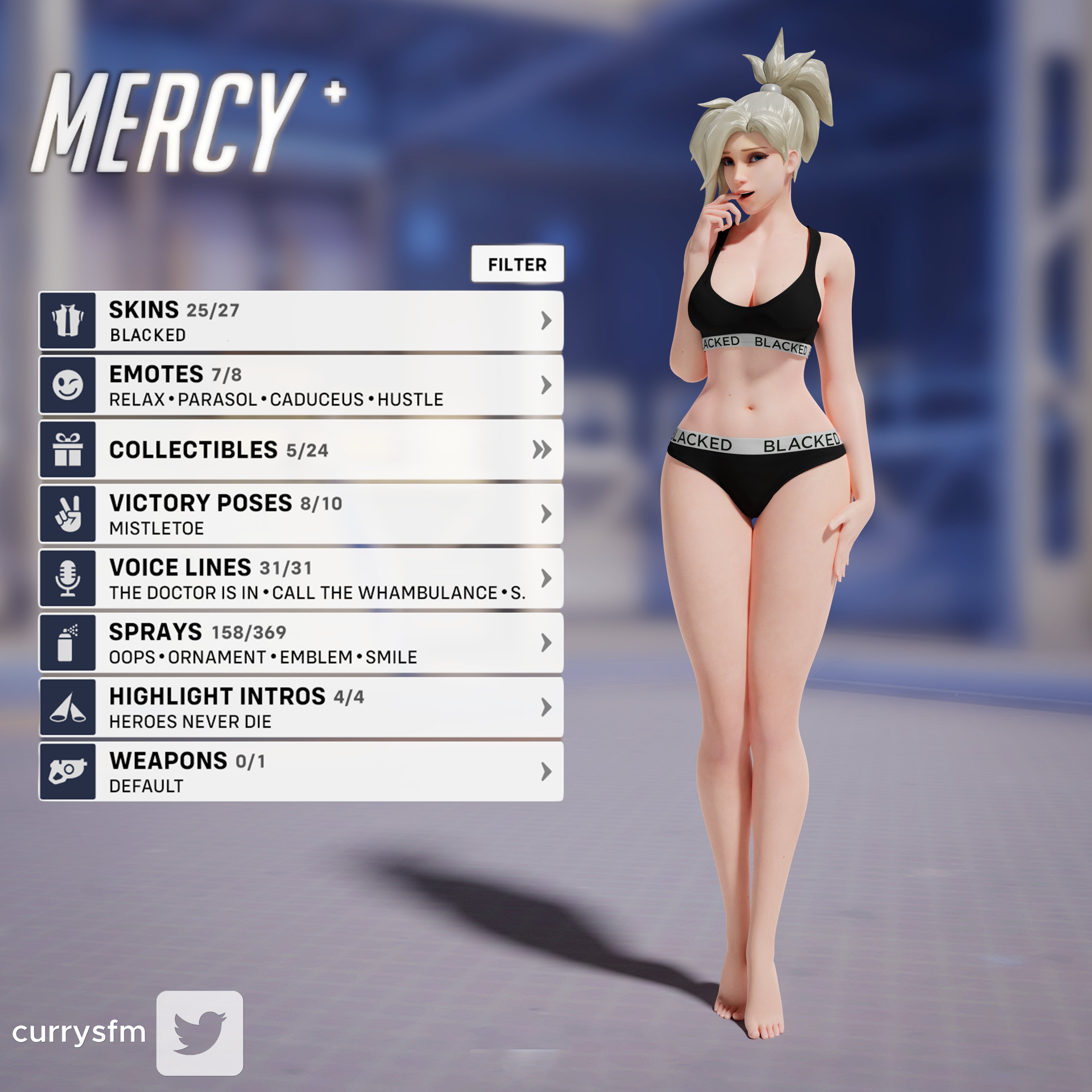 1girls, 3d, alternate costume, blacked, blacked clothing, blonde hair, currysfm, english text, female, female only, gameplay mechanics, mercy, overwatch, solo, text