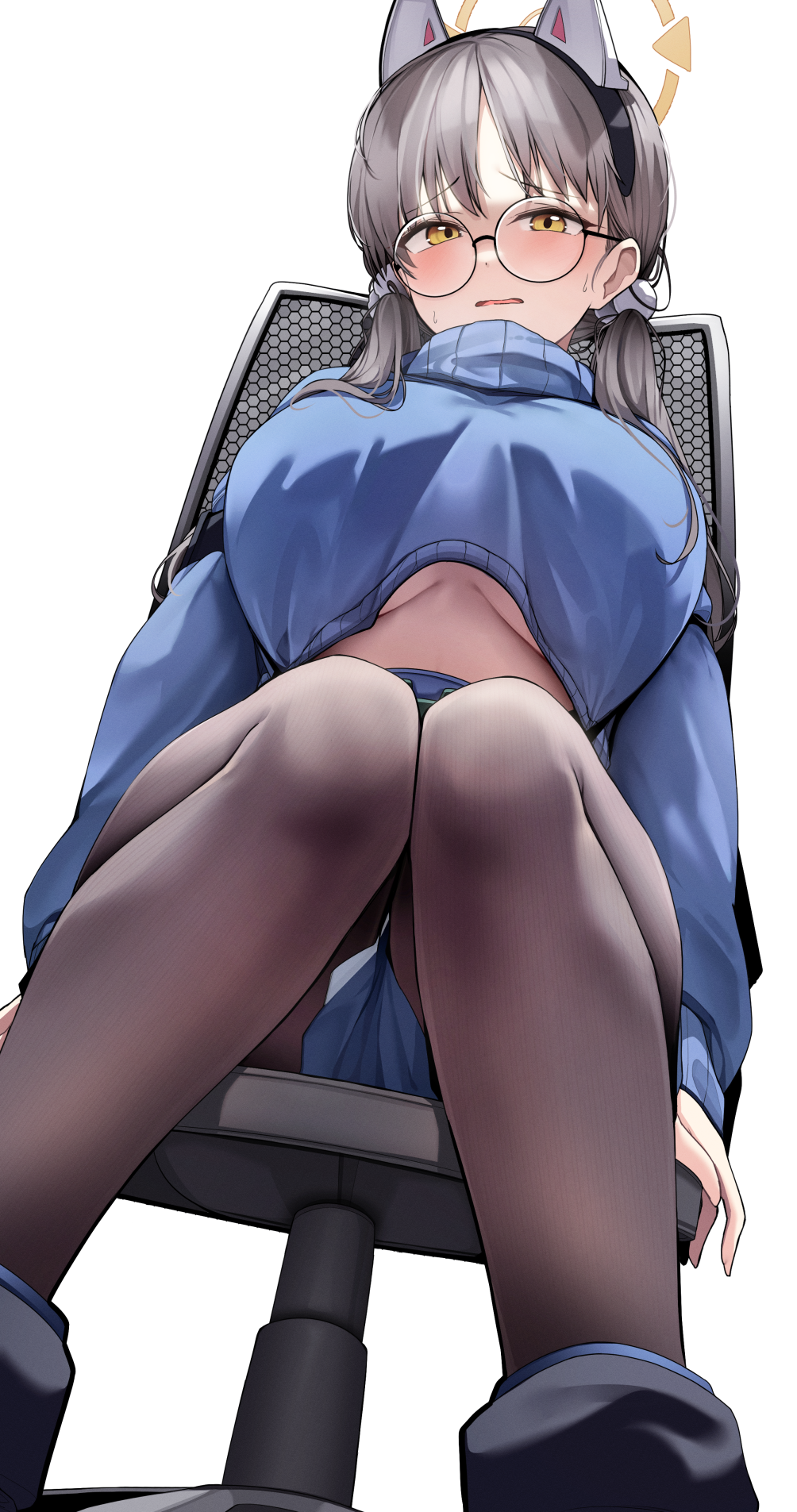 1girls animal_ear_hairband animal_ears blue_archive blush breasts brown_hair clothed crop_top ddangbi embarrassed female fully_clothed glasses halo huge_breasts knees_together_feet_apart light-skinned_female light_skin long_hair long_sleeves moe_(blue_archive) pantyhose rabbit_squad_(blue_archive) shy srt_special_academy_student thick_thighs thighs twintails yellow_eyes