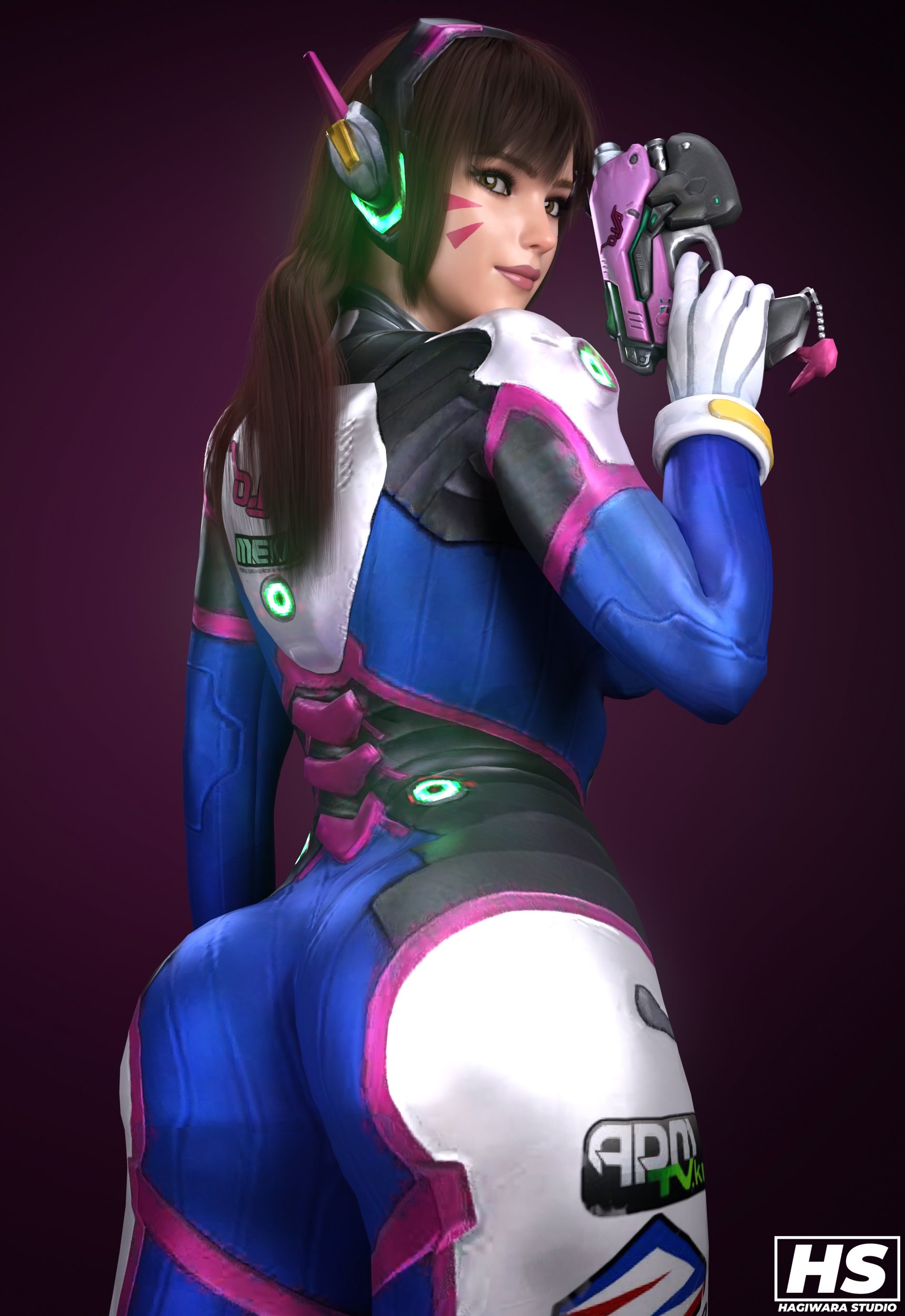 1girls, 3d, ass, big ass, big breasts, blizzard entertainment, bodysuit, breasts, brown hair, d.va, female, female only, gun, hagiwara studio, hana song, overwatch, solo, thick thighs, wide hips