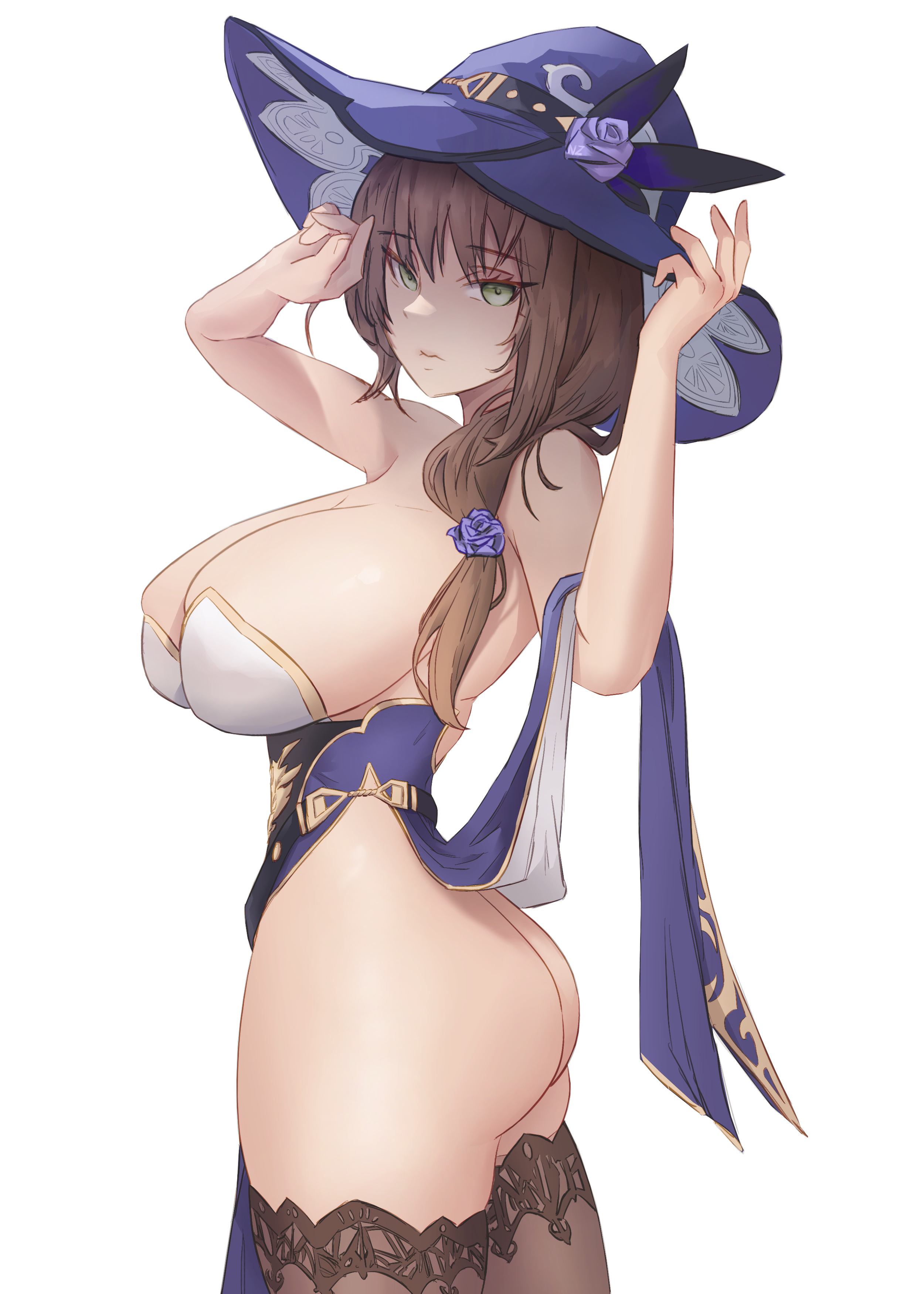 ass, big ass, big breasts, black stockings, breasts, brown hair, eyebrows visible through hair, eyelashes, female, genshin impact, green eyes, hat, lifted, lifted by self, lifting, lifting clothing, lisa (genshin impact), long hair, looking at viewer, low-tied long hair, ningzi, side view, sideboob, sidelocks, simple background, stockings, thick thighs, thighs, white background