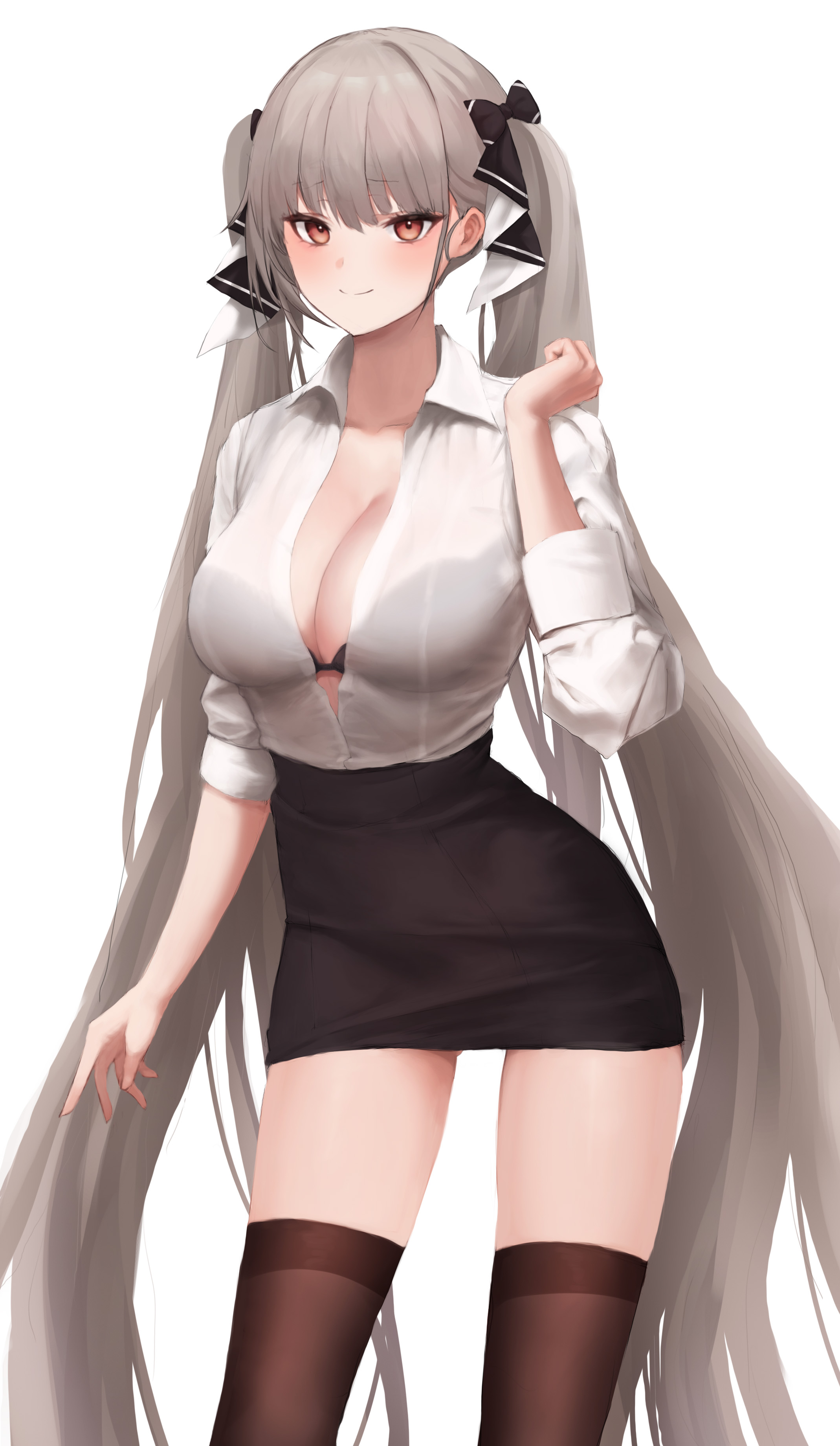 1girls, 2022, absurd res, absurdres, alternate costume, azur lane, big breasts, black ribbon, black skirt, blouse, bra, bra visible through clothes, breasts, brown thighhighs, cleavage, eyelashes, eyeliner, female, female focus, female only, formidable (azur lane), grey hair, hi res, highres, jynack (nackjy09/gadeung hye), large breasts, light skin, light-skinned female, lingerie, long hair, looking at viewer, makeup, miniskirt, office lady, partially unbuttoned, pencil skirt, red eyes, ribbon, royal navy (azur lane), see-through, see-through shirt, shirt, simple background, skirt, solo, solo female, standing, stockings, thighhighs, twintails, two-tone ribbon, very long hair, white background, white ribbon, white shirt, wing collar, zettai ryouiki