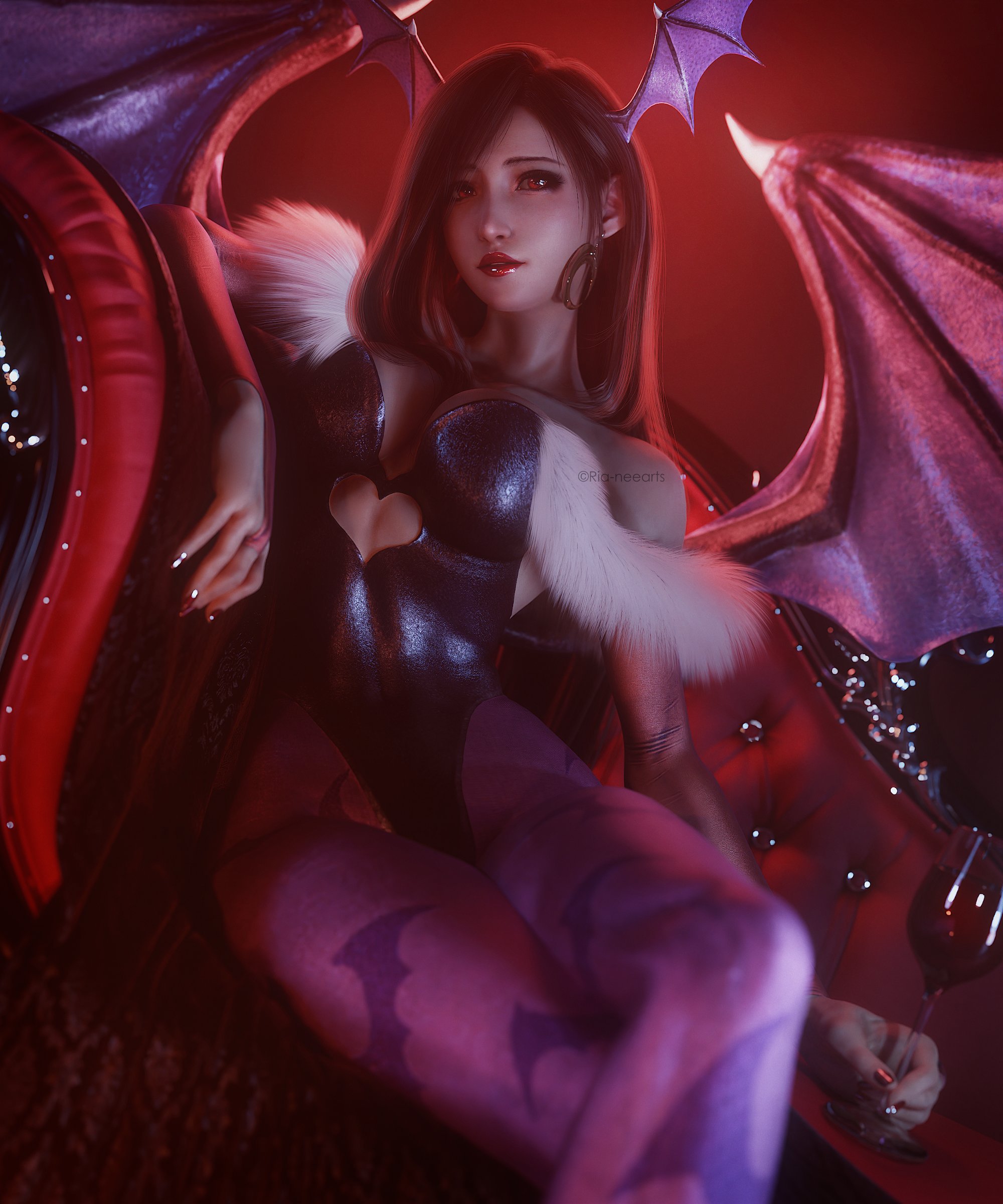 3d, big breasts, breasts, clothing, cosplay, crossover cosplay, darkstalkers, demon, demon girl, demon horns, demon wings, female, final fantasy, final fantasy vii, final fantasy vii remake, halloween, morrigan aensland, morrigan aensland (cosplay), red eyes, red lipstick, ria-neearts, small breasts, succubus, thick thighs, tifa lockhart