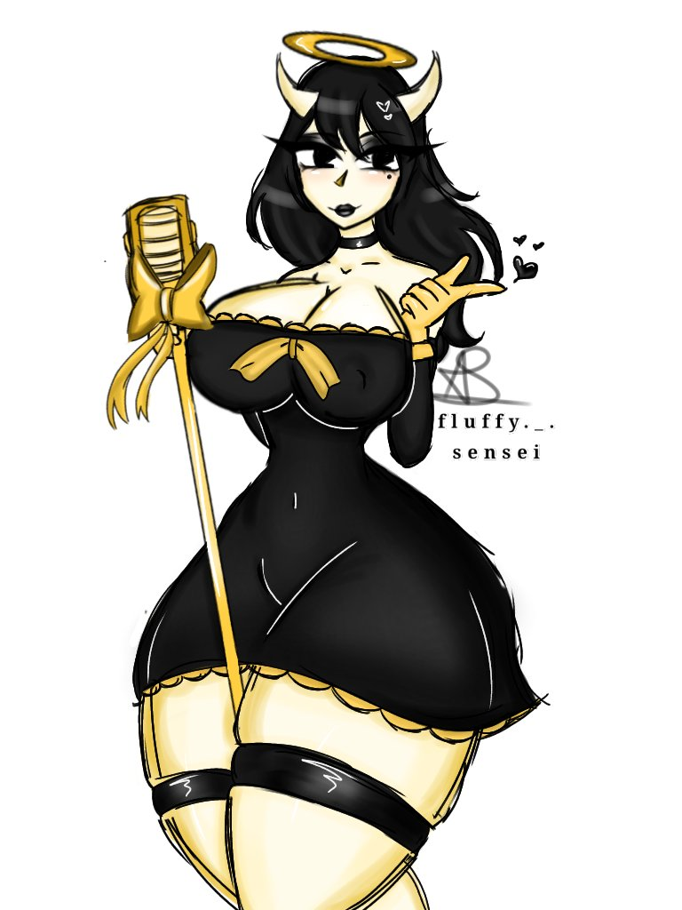 alice_angel bendy_and_the_ink_machine big_breasts black_eyes black_hair black_lipstick clothed dress erect_nipples erect_nipples_under_clothes heart hourglass_figure leggings lipstick long_hair microphone pointing solo thick_thighs thunder_thighs xfluffysenseix