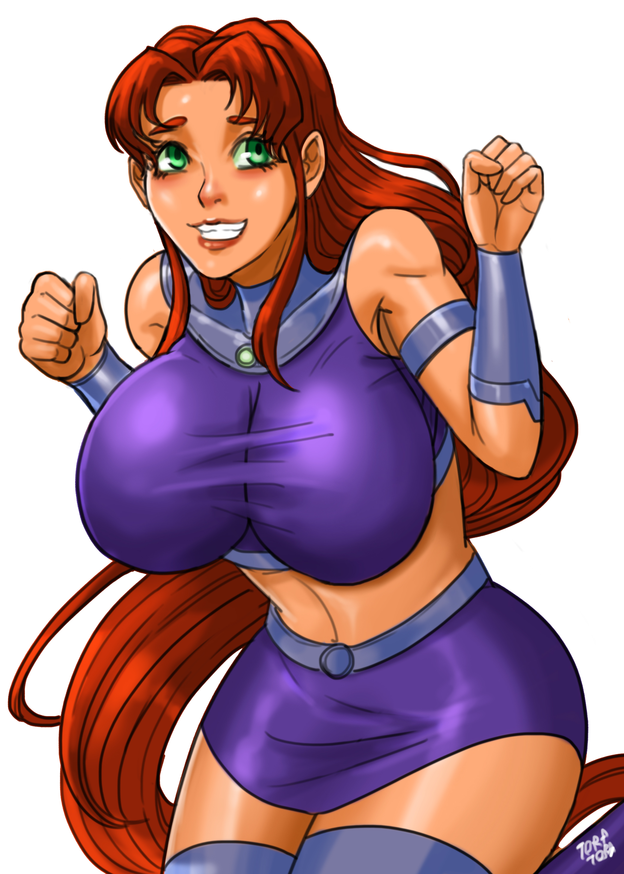 1girls, 2022, alien, alien girl, artist name, big breasts, breasts, dc, dc comics, female, female only, green eyes, koriand'r, orange skin, perky breasts, red hair, smile, solo, solo female, solo focus, starfire, tamaranean, teen titans, thick thighs, tora tora, white background, wide hips, zettai ryouiki