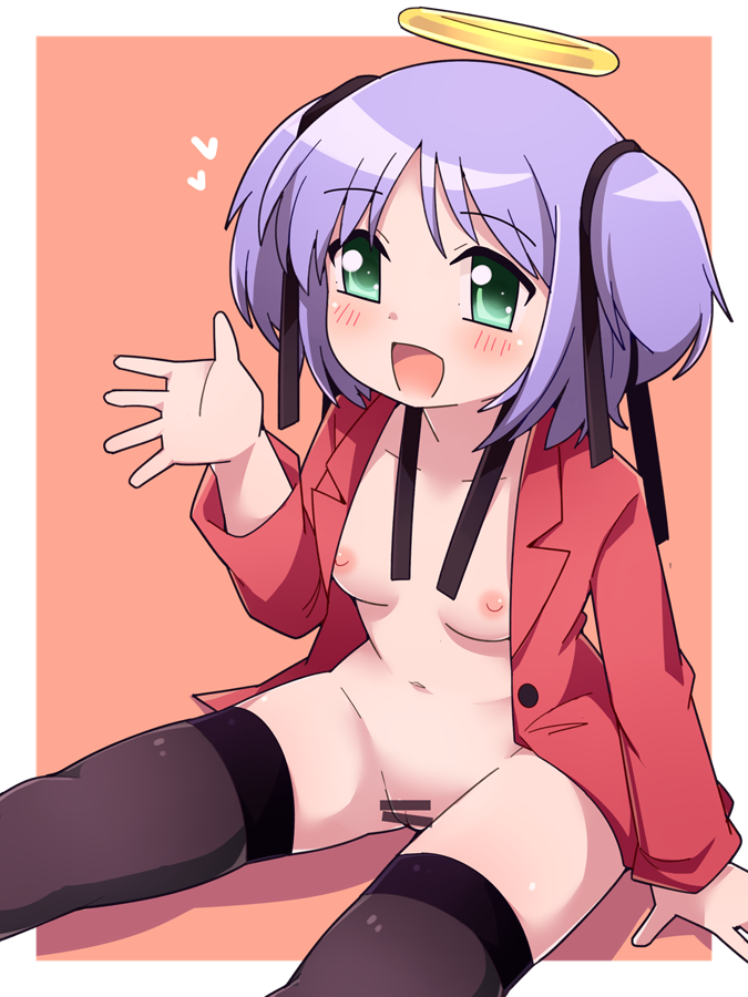 bar_censor black_ribbon black_thighhighs blush bokusatsu_tenshi_dokuro-chan bottomless breasts censored female green_eyes halo heart jacket looking_at_viewer mitsukai_dokuro no_bra no_panties open_clothes open_jacket open_mouth purple_hair red_background red_jacket ribbon short_hair simple_background sitting small_breasts solo thighhighs yuuutsu_shan