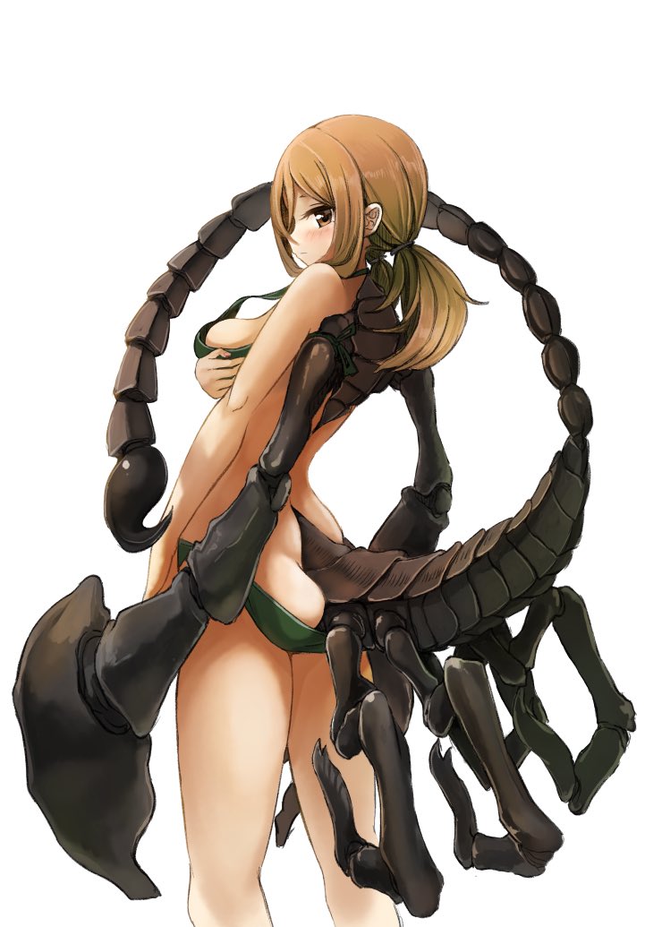 159cm_(artist) 1girls arthropod ass bikini brown_eyes brown_hair closed_mouth covering covering_breasts covering_self female green_bikini human looking_at_viewer monster_girl multi_arm multi_leg multi_limb pincers ponytail scorpion scorpion_tail standing swimsuit swimwear white_background