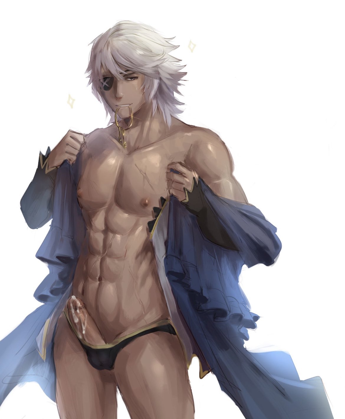 coat cum cumdrip erection eye_patch fire_emblem fire_emblem_fates keys male_only niles_(fire_emblem) nude penis piercing silver_hair smile