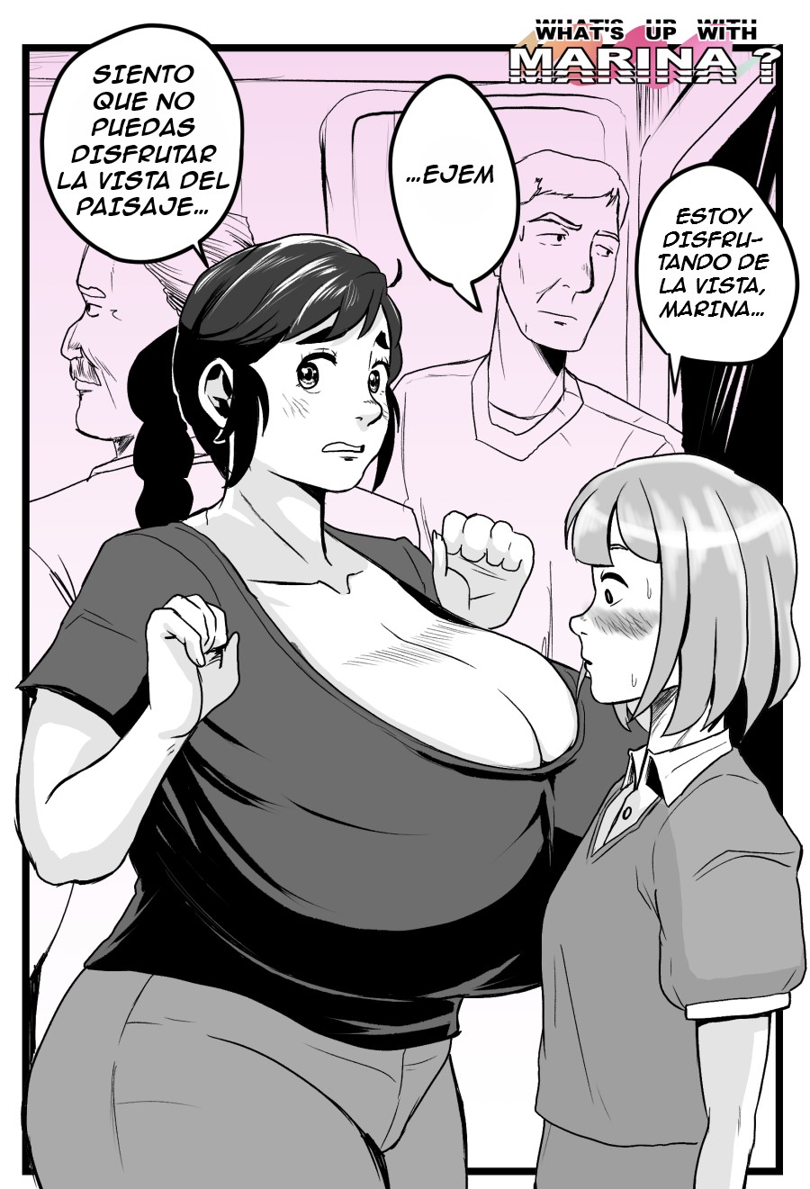 2girls against_wall big_breasts blush cleavage exhibitionism female female_only gigantic_breasts harorlood huge_breasts kaori_(harorlood) marina_(harorlood) original original_character public small_breasts spanish_text yuri