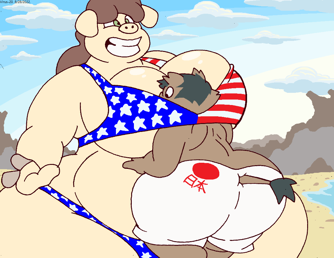 1boy 1boy1girl 1girls american_flag_bikini american_piggy_girl anthro ass beach between_breasts bikini black_hair boar breast brown_fur brown_hair chubby chubby_female cleavage female furry green_eyes hips japanese_boar_boy japanese_flag large_ass large_breasts male pig straight swimsuit swimwear thick_thighs thighs virus-20 wide_hips