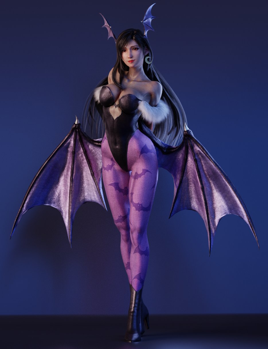3d, big breasts, breasts, clothing, cosplay, crossover cosplay, darkstalkers, demon, demon girl, demon horns, demon wings, female, final fantasy, final fantasy vii, final fantasy vii remake, halloween, medium breasts, morrigan aensland, morrigan aensland (cosplay), red eyes, red lipstick, ria-neearts, succubus, thick thighs, tifa lockhart