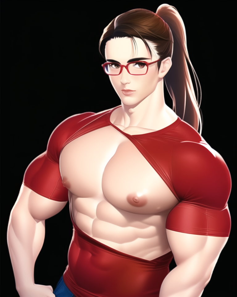 ai_generated ambush_(trap) androgynous brown_eyes brown_hair eyebrows femboy glasses large_pectorals mipples muscular_femboy muscular_trap nai_diffusion pecs ponytail stable_diffusion twunk