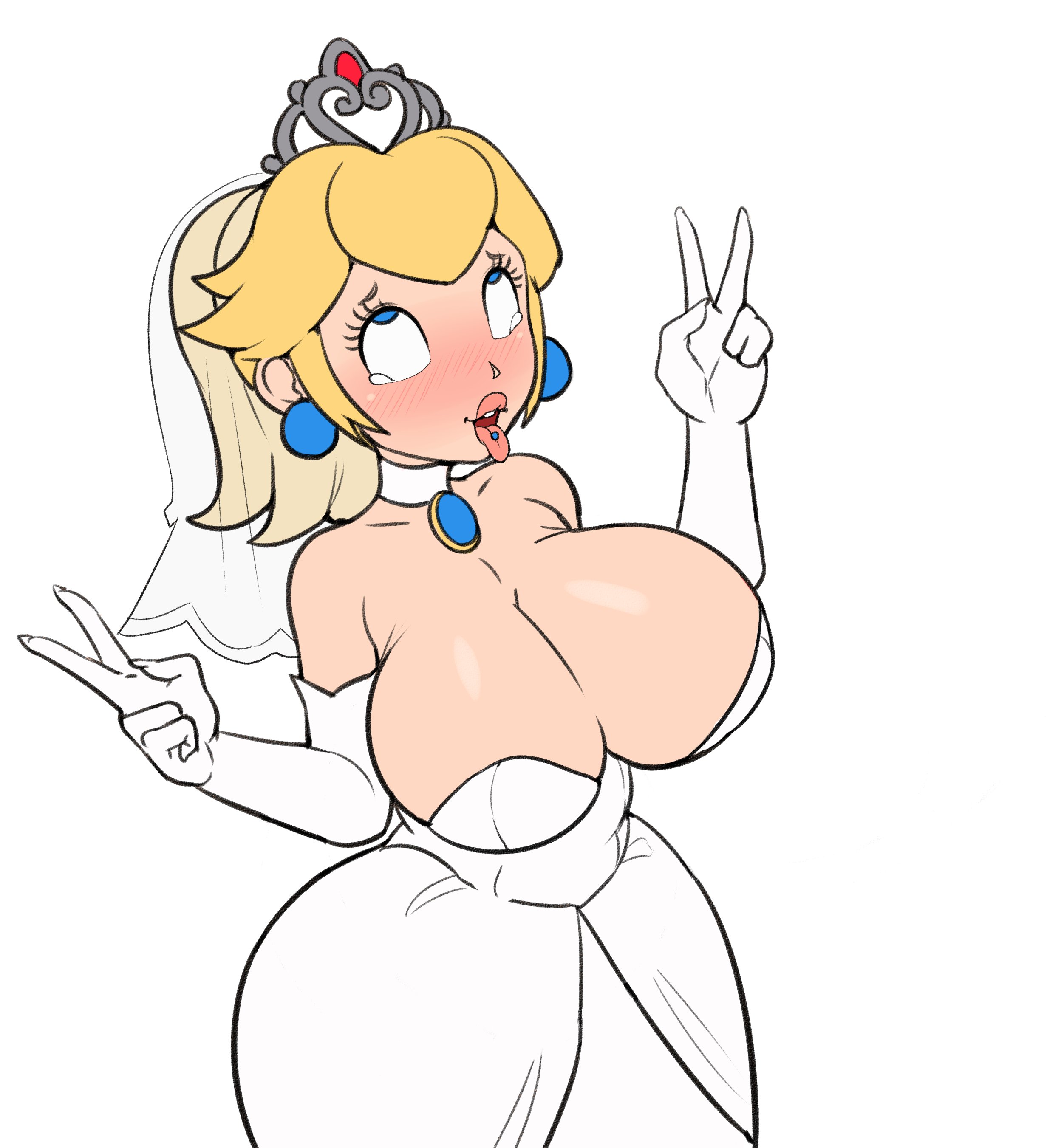 1girls, ahe gao, big breasts, big lips, blonde hair, breasts, bride, earrings, embarrassed, female, female only, grey impact, horny, lips, mario (series), nintendo, peace sign, pierced tongue, princess peach, royalty, super mario odyssey, tears, tears of pleasure, thick lips, v sign, wedding dress, wedding peach (super mario odyssey), white background
