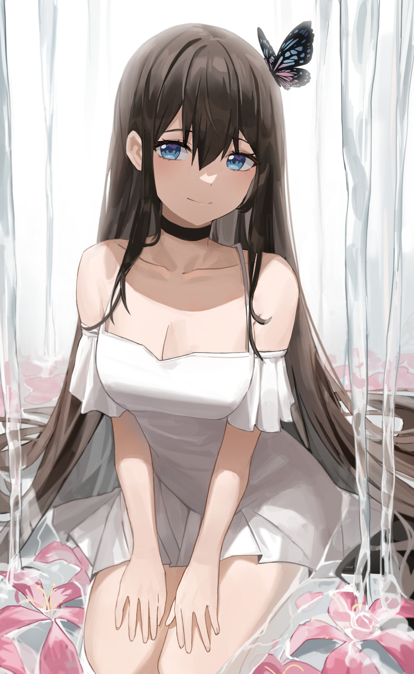 1girls absurdres bangs bare_shoulders black_choker blue_eyes blush breasts brown_hair bug butterfly cleavage closed_mouth collarbone dress flower highres mungduck original