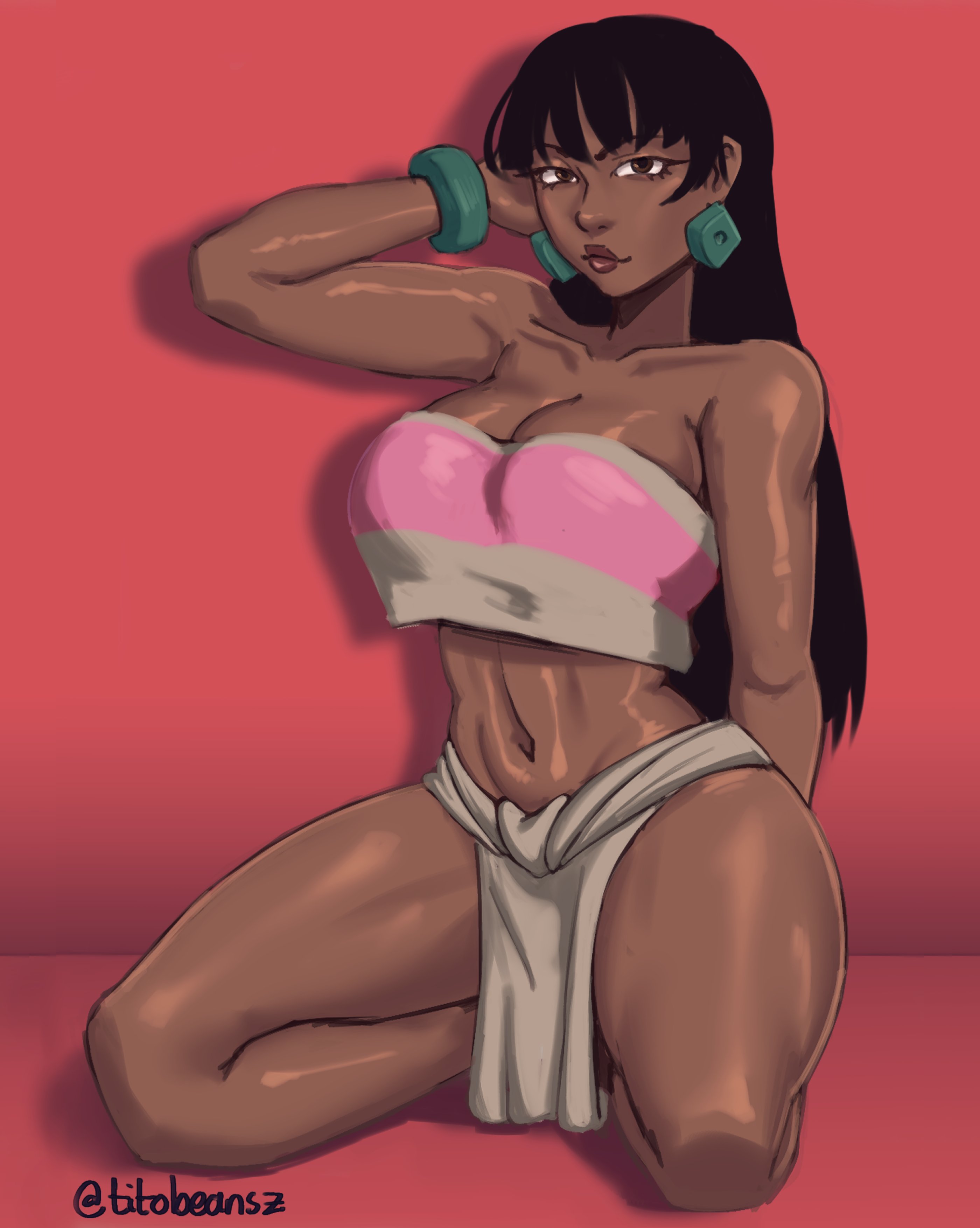 1girls, arm behind back, black hair, bracelets, brown eyes, chel, dark skin, dark-skinned female, earrings, female, female only, hand behind head, kneeling, loincloth, long hair, looking at viewer, narrowed eyes, red background, solo, the road to el dorado, thick thighs, titobeansz, very high resolution