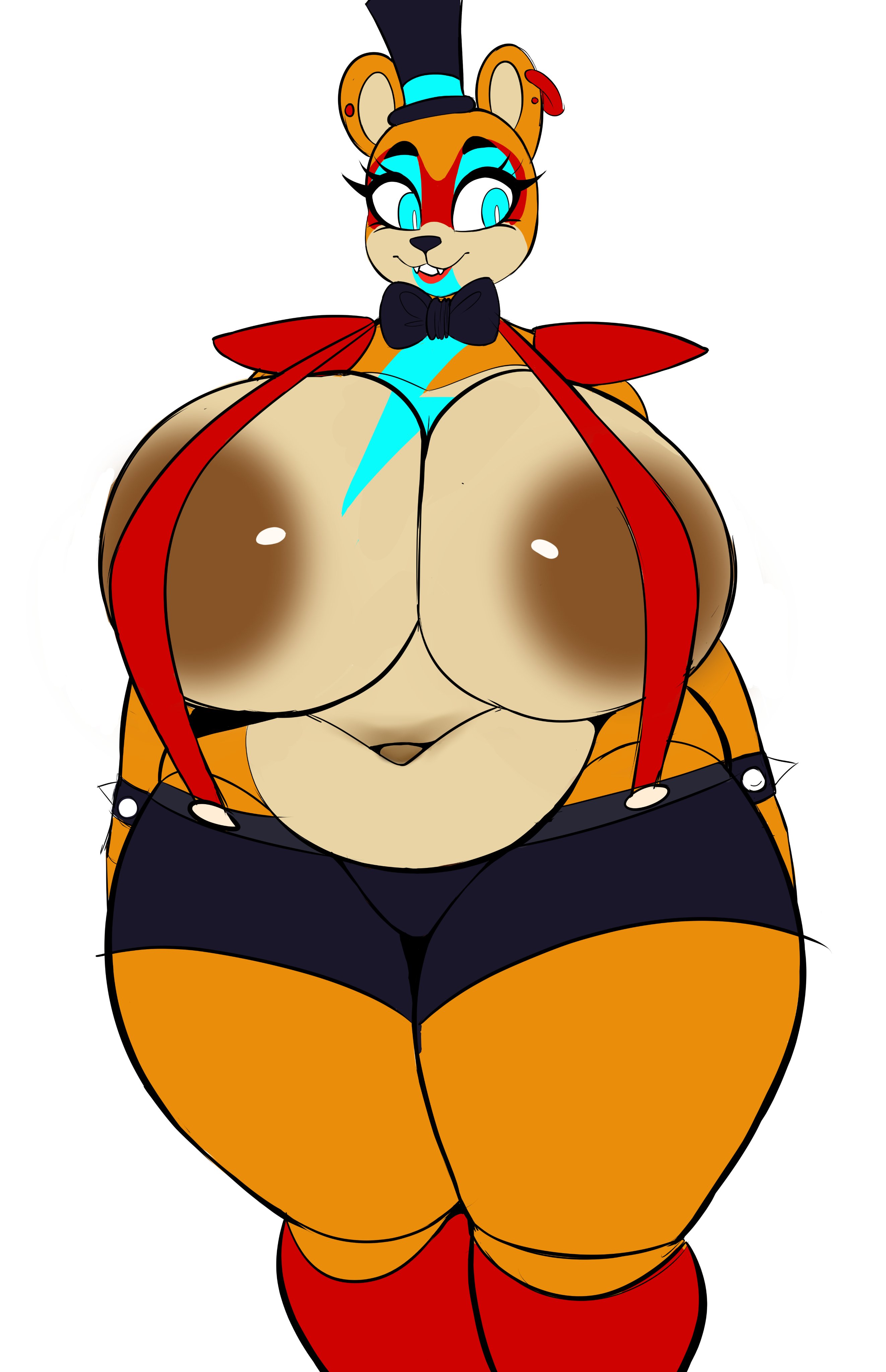 big breasts, bowtie, breasts, chubby, ear piercing, female, five nights at freddy's, genderswap, glamrock freddy (fnaf), isolatedartest, rule 63, solo, tagme