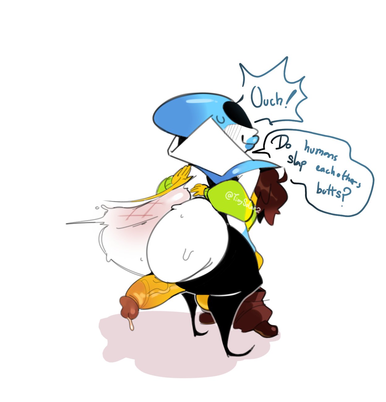 1boy, 1girls, ass, ass slap, balls, big ass, big balls, big penis, deltarune, dialogue, female, female focus, goofy ahh legs, kris (deltarune), male, penis, queen (deltarune), slapping, sweat, thigh sex, tinysolar, white background