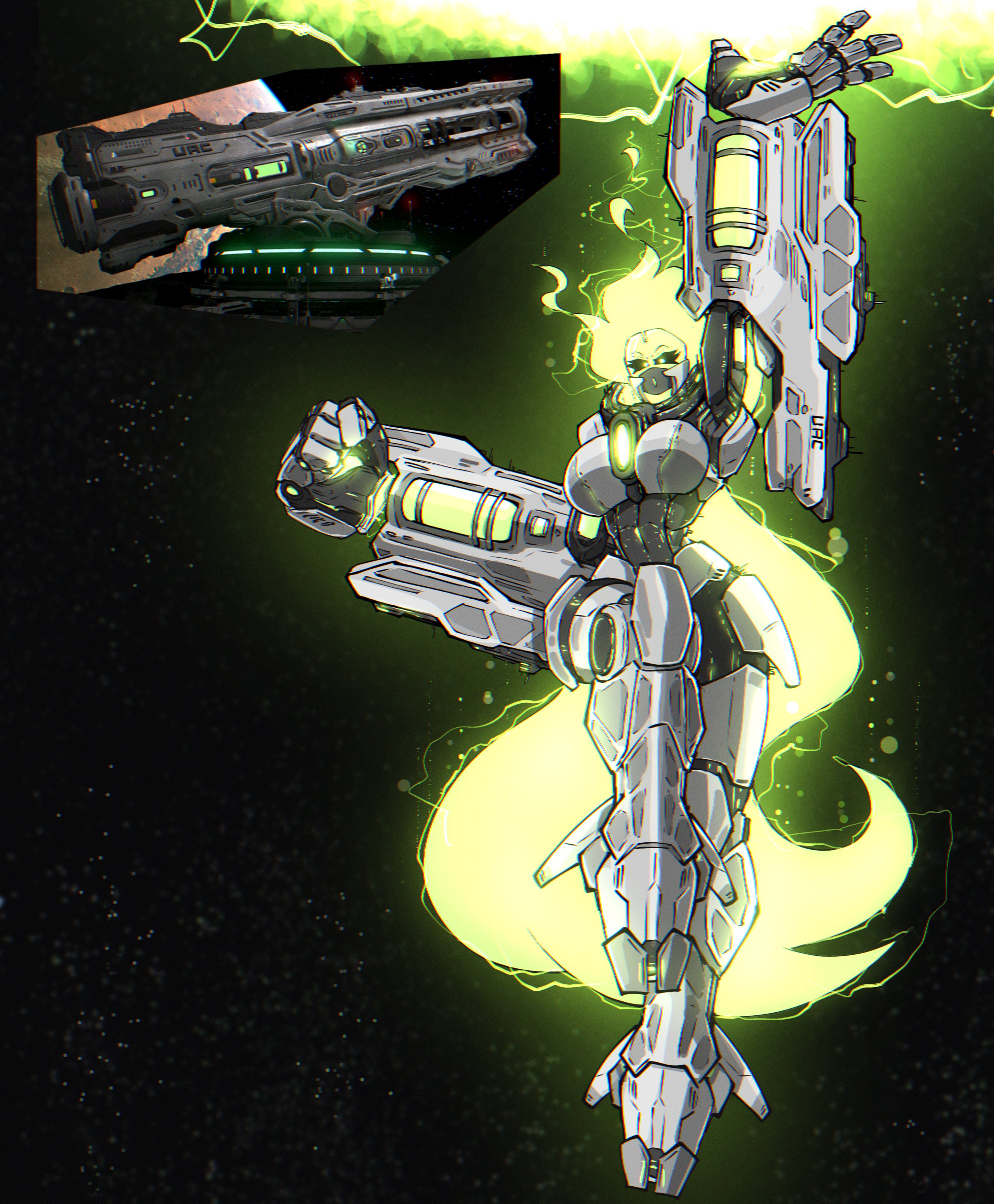 :o, 1girls, 2022, 2d, 2d (artwork), armor, armored, armored boots, armored gloves, aura, bethesda softworks, bfg (doom), big breasts, big thighs, black sclera, breasts, doom, doom eternal, energy, female, female focus, female only, firing, firing weapon, gijinka, green eyes, green hair, green skin, gun, hi res, highres, hourglass figure, humanized, large breasts, large thighs, long hair, personification, questionable, robot, robot girl, sfw, shooting, slim, slim waist, solo, solo female, solo focus, space, thick thighs, thighs, thin waist, visor, waist, weapon, zzzhodazzz