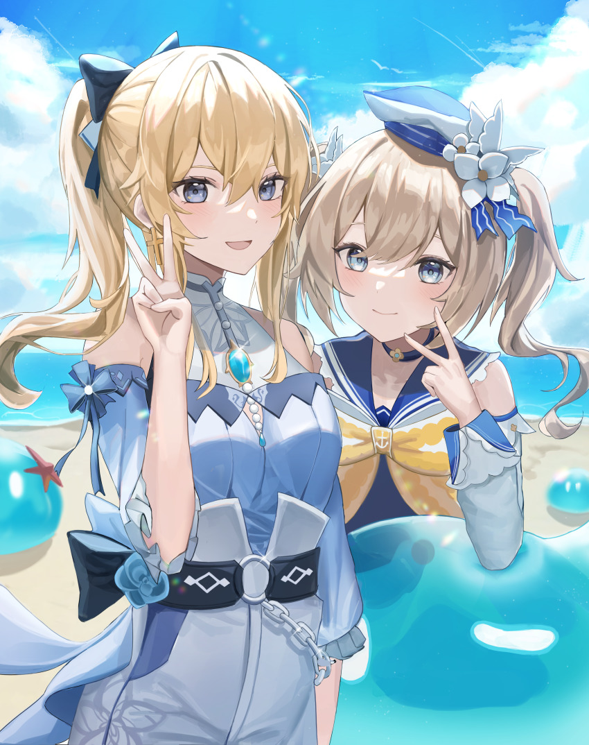 2girls absurd_res absurdres barbara_(genshin_impact) barbara_(summertime_sparkle)_(genshin_impact) bare_shoulders beach belt blonde_hair blouse blue_eyes blue_shirt blue_sky bow choker cloud cross cross_earrings day earrings female female_only genshin_impact hairbow hat highres jean_gunnhildr jean_gunnhildr_(sea_breeze_dandelion) jewelry long_sleeves multiple_girls mungduck nun slime_(genshin_impact) v