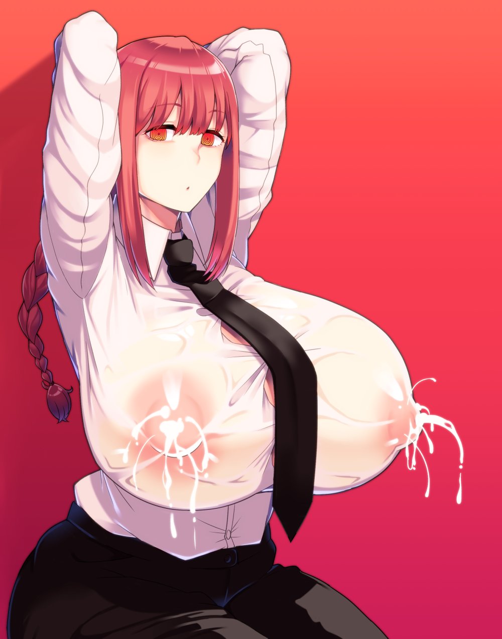 1girls big_breasts black_pants bottomwear braid breasts chainsaw_man erect_nipples female female_only hands_behind_head huge_breasts lactating lactation lactation_through_clothes large_breasts makima_(chainsaw_man) n_z_m_51 necktie neckwear nipples nipples_visible_through_clothing pants red_eyes red_hair shirt solo solo_female topwear white_shirt