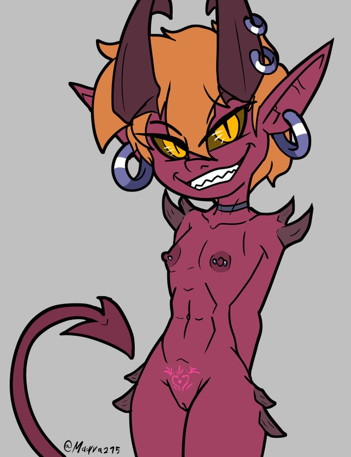 choker completely_nude_female danny_(magra) demon demon_danny_(magra) demon_girl evil_grin horn_piercing horns magra_(artist) nipple_piercing orange_hair pierced_nipples piercing pubic_tattoo red_skin spikes_on_body succubus succubus_tail succubus_tattoo