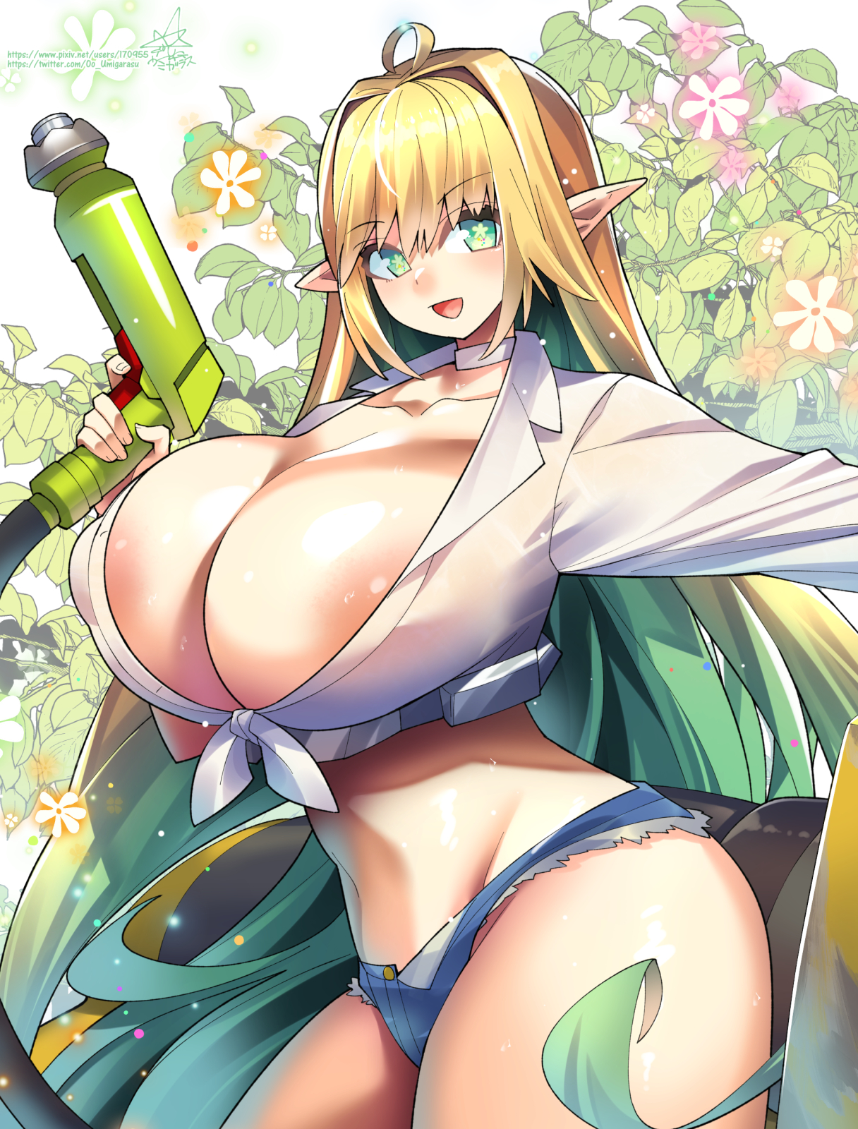 1girls, areolae, big breasts, blonde hair, blue shorts, bottomwear, breasts, cleavage, elf, elf ears, elf female, elven forest maker, female, female only, green eyes, hair, huge breasts, last origin, long hair, oo umigarasu, pointy ears, revealing clothes, shirt, short shorts, shorts, skimpy, skimpy clothes, solo, solo female, topwear, two-tone hair, umigarasu (kitsune1963)