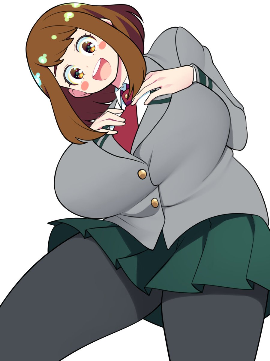 1girls alternate_costume alternate_version_available bellupup big_breasts bottomwear breasts brown_eyes brown_hair clothing female female_only green_skirt huge_breasts leggings my_hero_academia ochako_uraraka school_uniform schoolgirl skirt smile solo solo_female topwear uniform