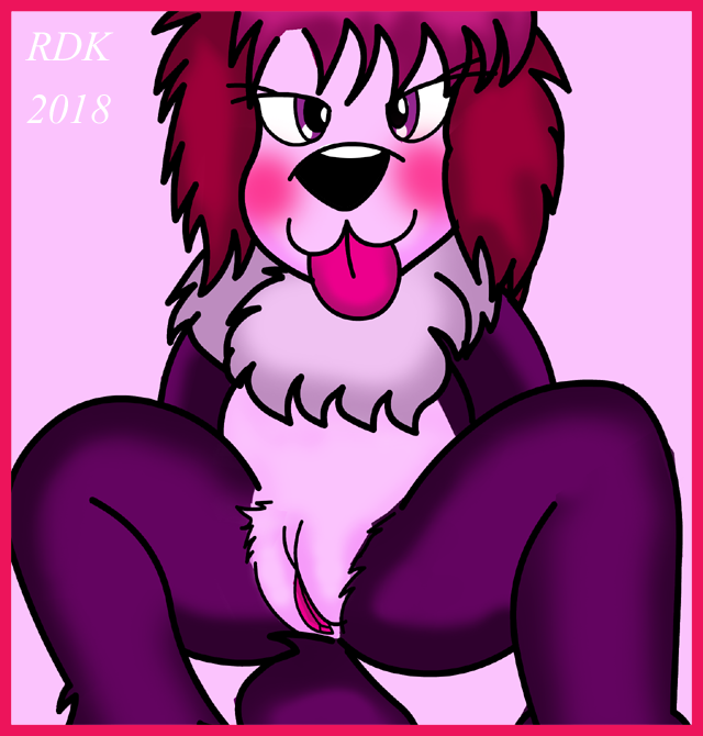 anthro bedroom_eyes biped blush border canid canine digital_drawing_(artwork) digital_media_(artwork) disney female fluppy_dogs fur fuzzy genitals lying mammal narrowed_eyes nude on_back presenting purple_body purple_eyes purple_fur pussy red_border reddragonkan seductive solo tippi tongue tongue_out