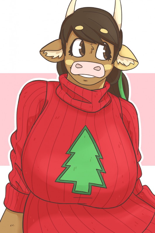 anthro big_breasts bovid bovine bow_in_hair breasts brown_eyes clothed clothing cow_ears cow_horns female fur furgonomics furry furry_only molly_(slightlysimian) pink_nose red_clothing simple_background slightlysimian solo sweater