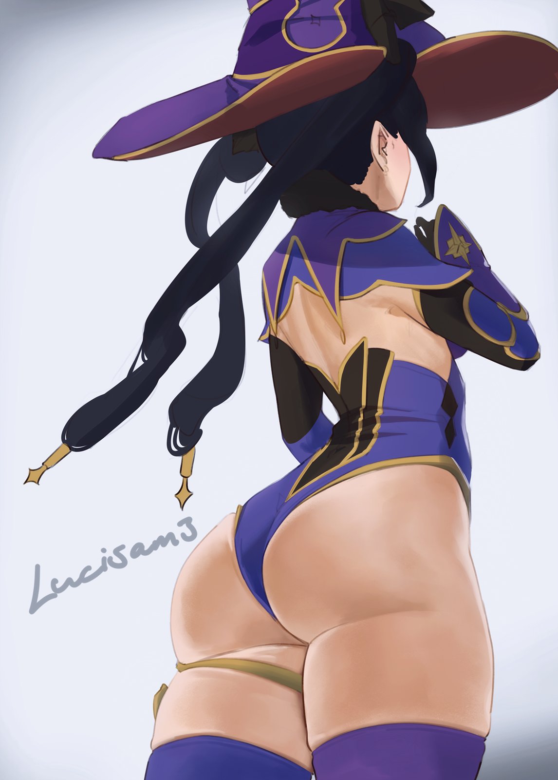 1girls, ass, back view, big ass, big butt, breasts, female, female only, genshin impact, hat, legwear, leotard, lucisam, mona (genshin impact), nice ass, purple hair, solo, thighhighs, thighs, twintails, witch hat
