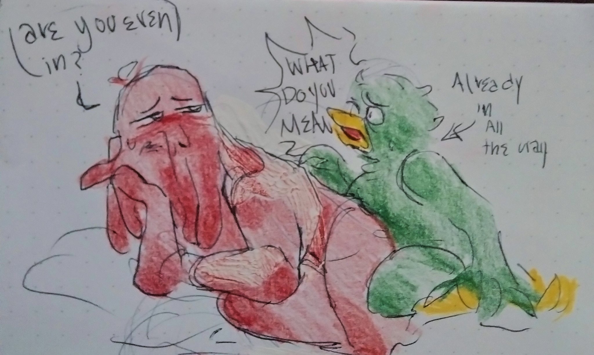 2boys, avian, avian feet, avian humanoid, beak, bird, dont hug me im scared, duck guy (dhmis), fucked from behind, hand on head, ilovechicooch, looking at another, looking at partner, male, male only, male penetrated, male penetrating, male penetrating male, male/male, red guy (dhmis), sex, watercolor, watercolor (artwork), watercolor (medium)