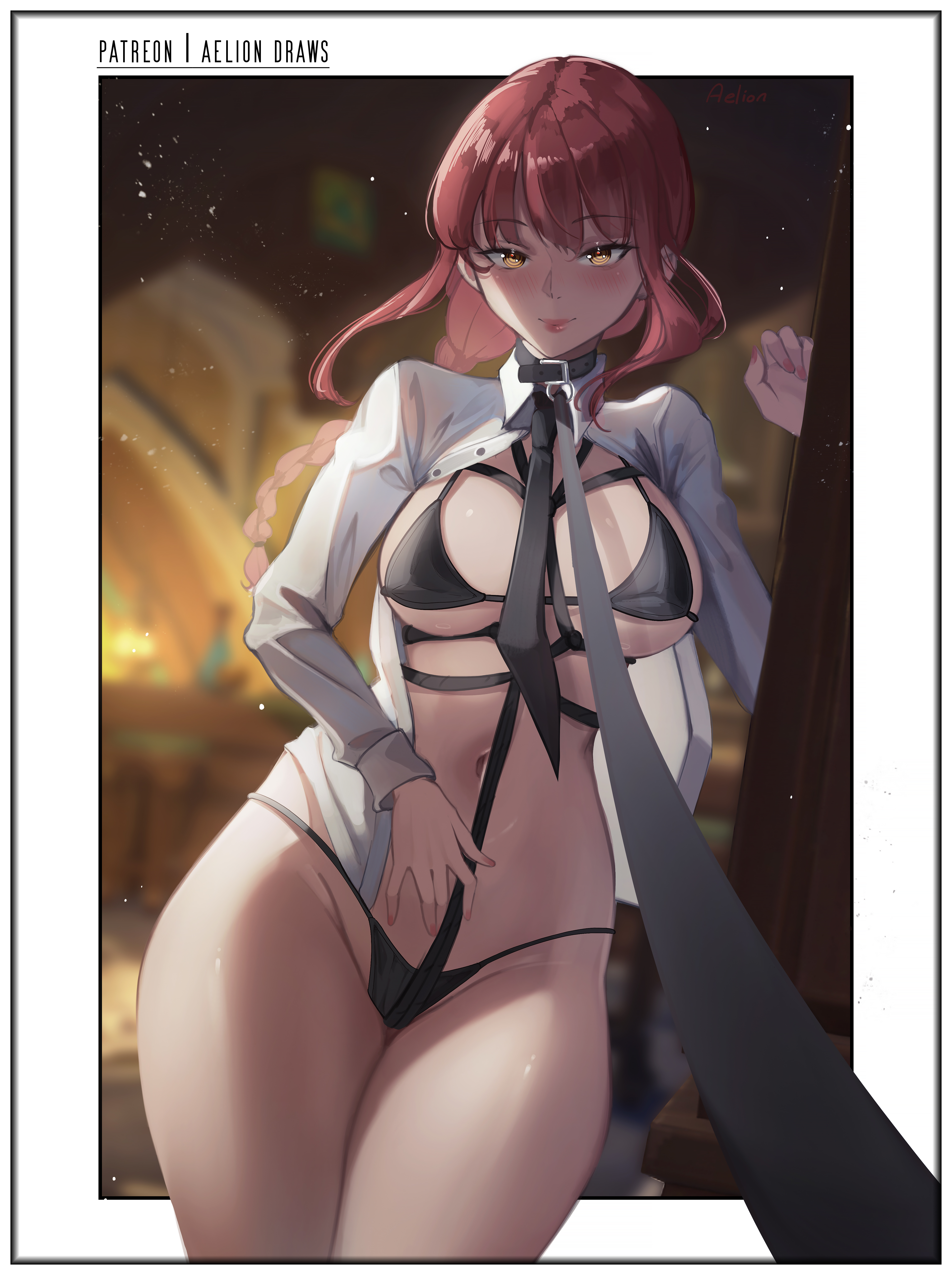 1girls, absurd res, aelion draws, big breasts, blush, bra, braided hair, breasts, chainsaw man, eye contact, female, high resolution, long hair, looking at viewer, makima (chainsaw man), panties, red hair, solo, standing, thick thighs, thong, wide hips