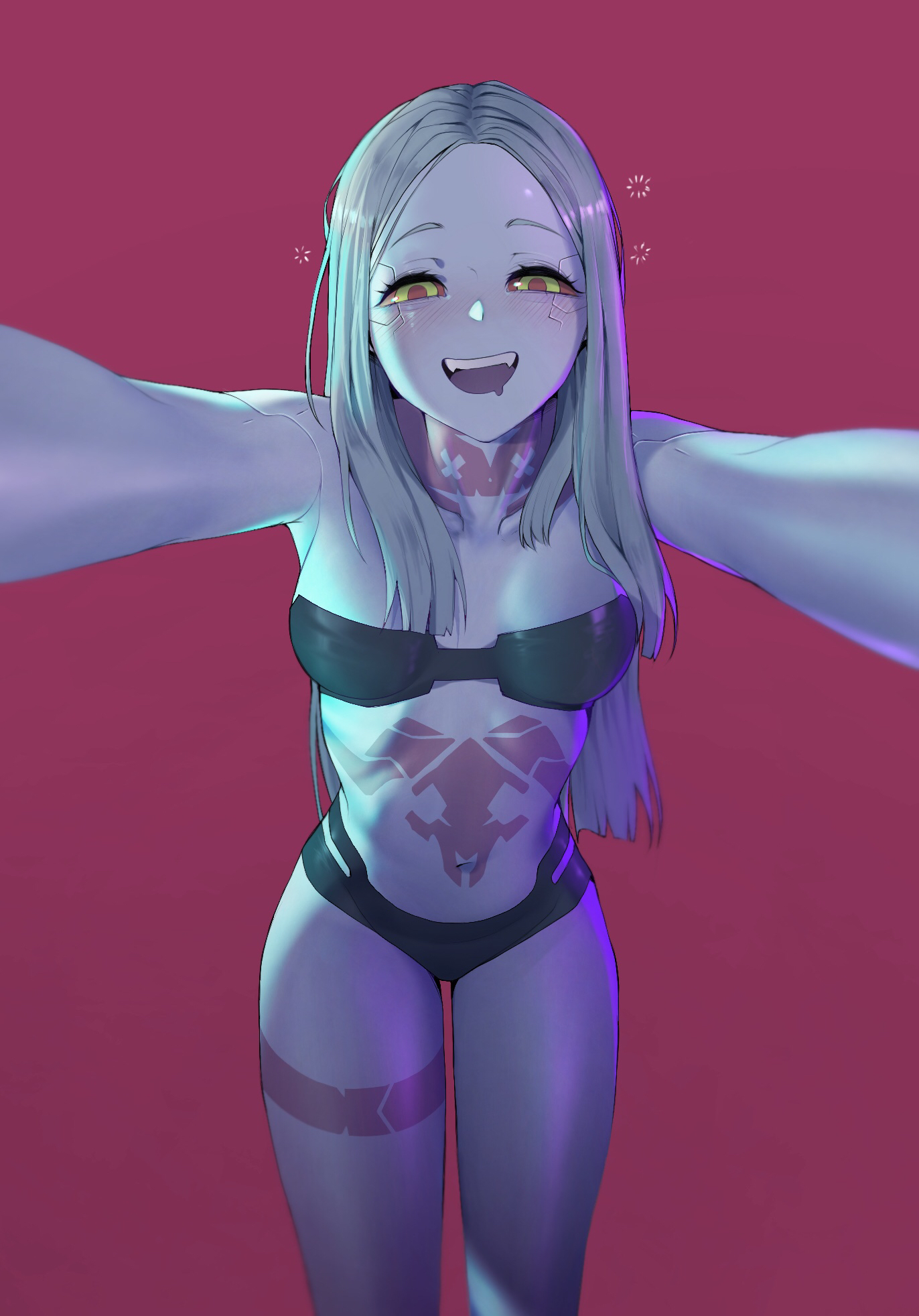 1girls, blush, bra, breasts, cd projekt red, cute, cyberpunk: edgerunners, devious, devious grin, devious smile, female, female only, hi res, imminent hug, imminent kiss, long legs, netflix, open mouth, outstretched arms, panties, pov, pov eye contact, rebecca (edgerunners), small breasts, smile, solo, studio trigger, thighs, underwear, wholesome, xize (artist)