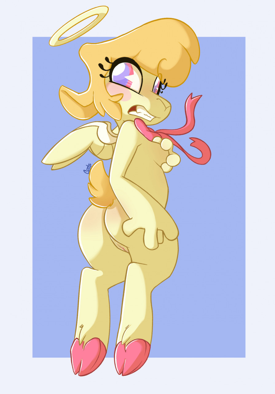 angel anthro ass bovid breasts caprine castingwhisper cherub female fluffy fluffy_tail fur genitals halo helluva_boss hi_res keenie mammal open_mouth pussy sheep simple_background solo teeth thick_thighs wings yellow_body yellow_fur