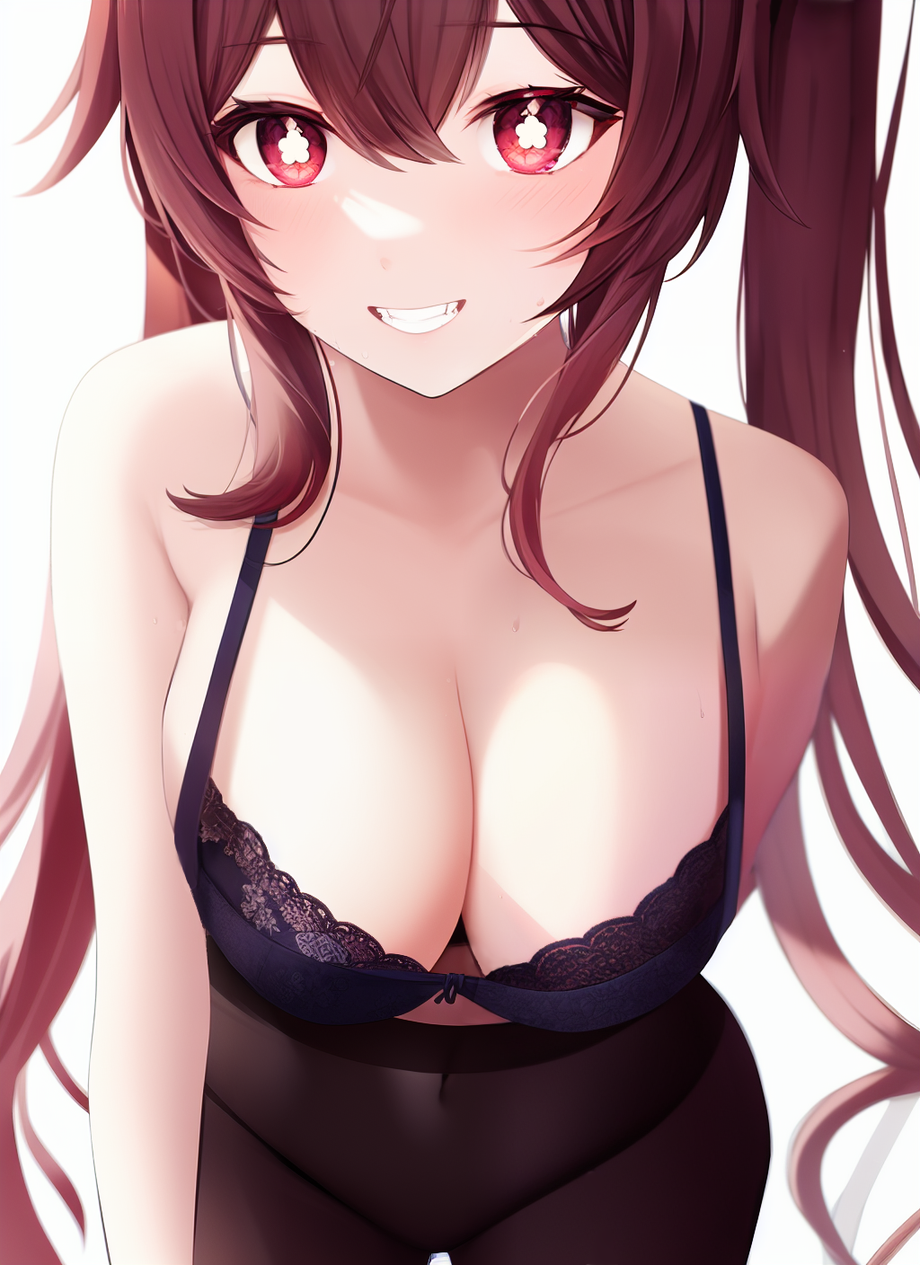 absurdres ai_generated bangs black_bra blush bra breasts cameltoe cleavage fangs female flower flower-shaped_pupils genshin_impact highres hu_tao_(genshin_impact) large_breasts leaning_forward long_hair looking_at_viewer nai_diffusion navel pantyhose red_eyes red_hair solo stable_diffusion stlow7 symbol-shaped_pupils thigh_gap thighs twintails underwear underwear_only