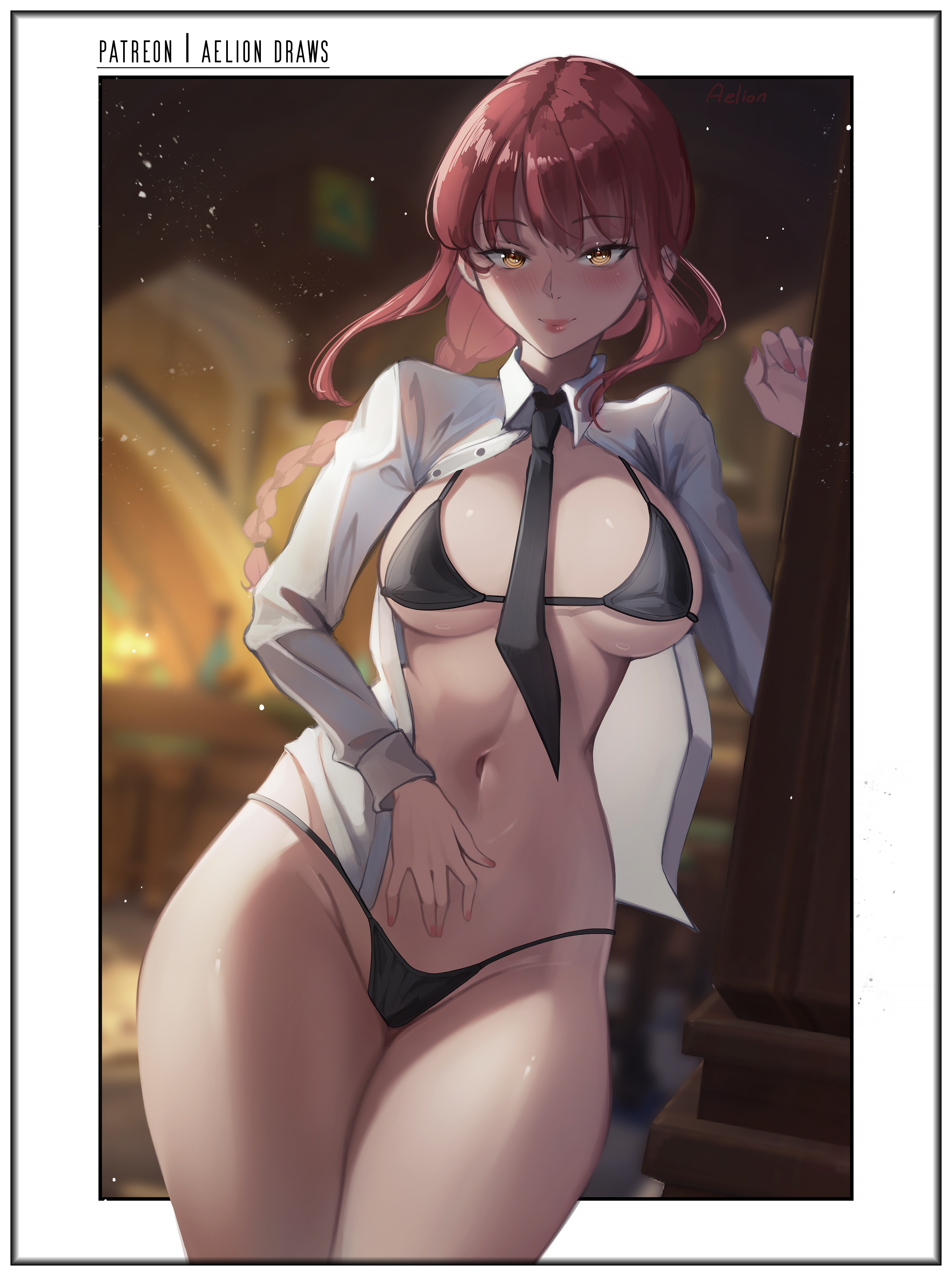 1girls, absurd res, aelion draws, big breasts, blush, bra, braided hair, breasts, chainsaw man, eye contact, female, high resolution, long hair, looking at viewer, makima (chainsaw man), panties, red hair, solo, standing, thick thighs, thong, wide hips