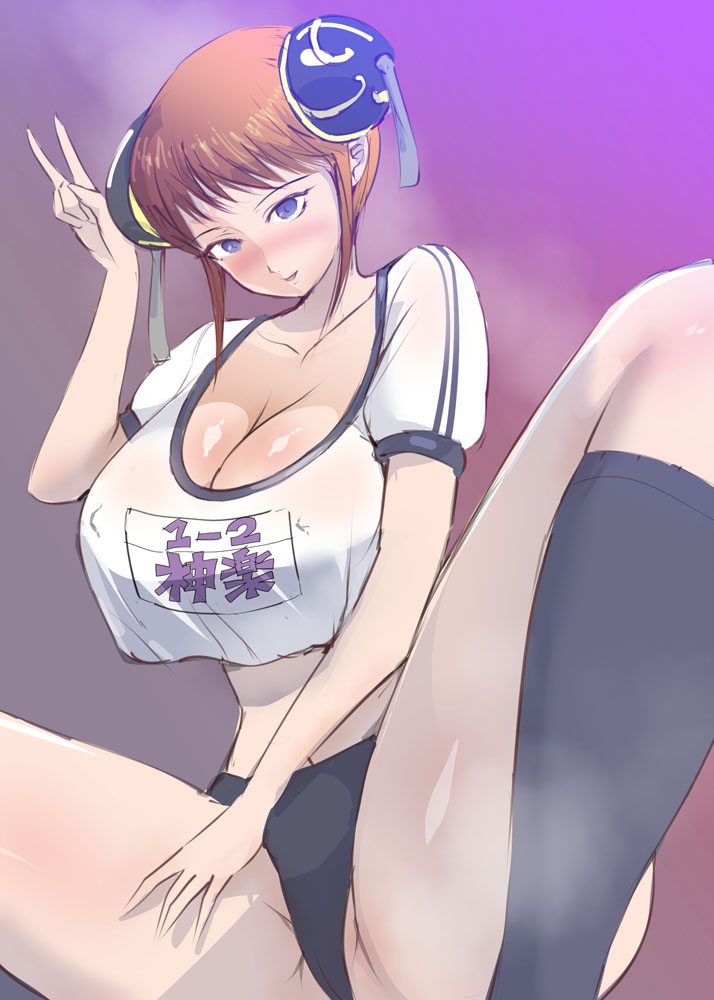 alternate_breast_size alternate_costume big_breasts blue_eyes blush bun_cover buruma chiroru cleavage crop_top double_bun female female_only gintama gym_uniform hair_ornament kagura_(gintama) looking_at_viewer name_tag nipple_bulge no_bra orange_hair sitting solo spread_legs steam thick_thighs v