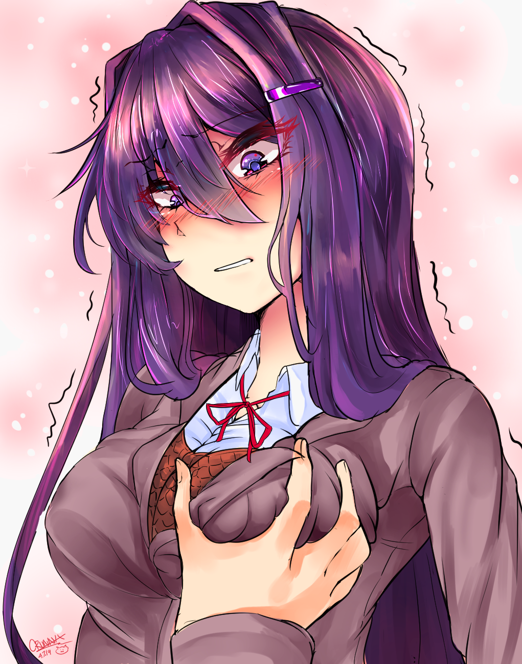 2019 5_fingers blush breasts clothed crunnix doki_doki_literature_club groping groping_breasts hair_between_eyes motion_lines nervous purple_eyes purple_hair ribbon signature yuri_(doki_doki_literature_club)