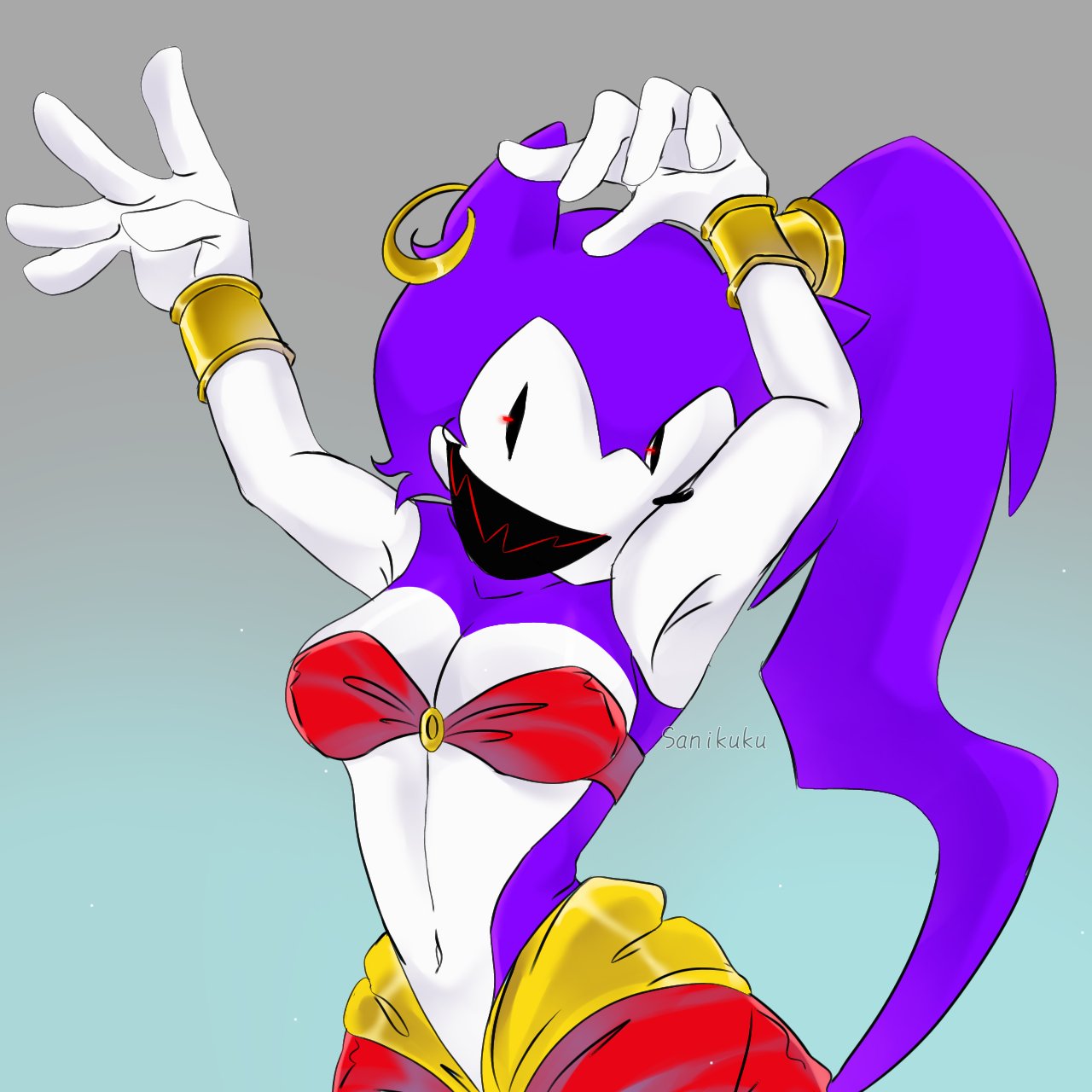 armpits needlemouse_(character) needlemouse_(series) sarah_henderson_(needlemouse) shantae shantae_(cosplay) shantae_needlemouse smiling_at_viewer smooth_fur sonic.exe