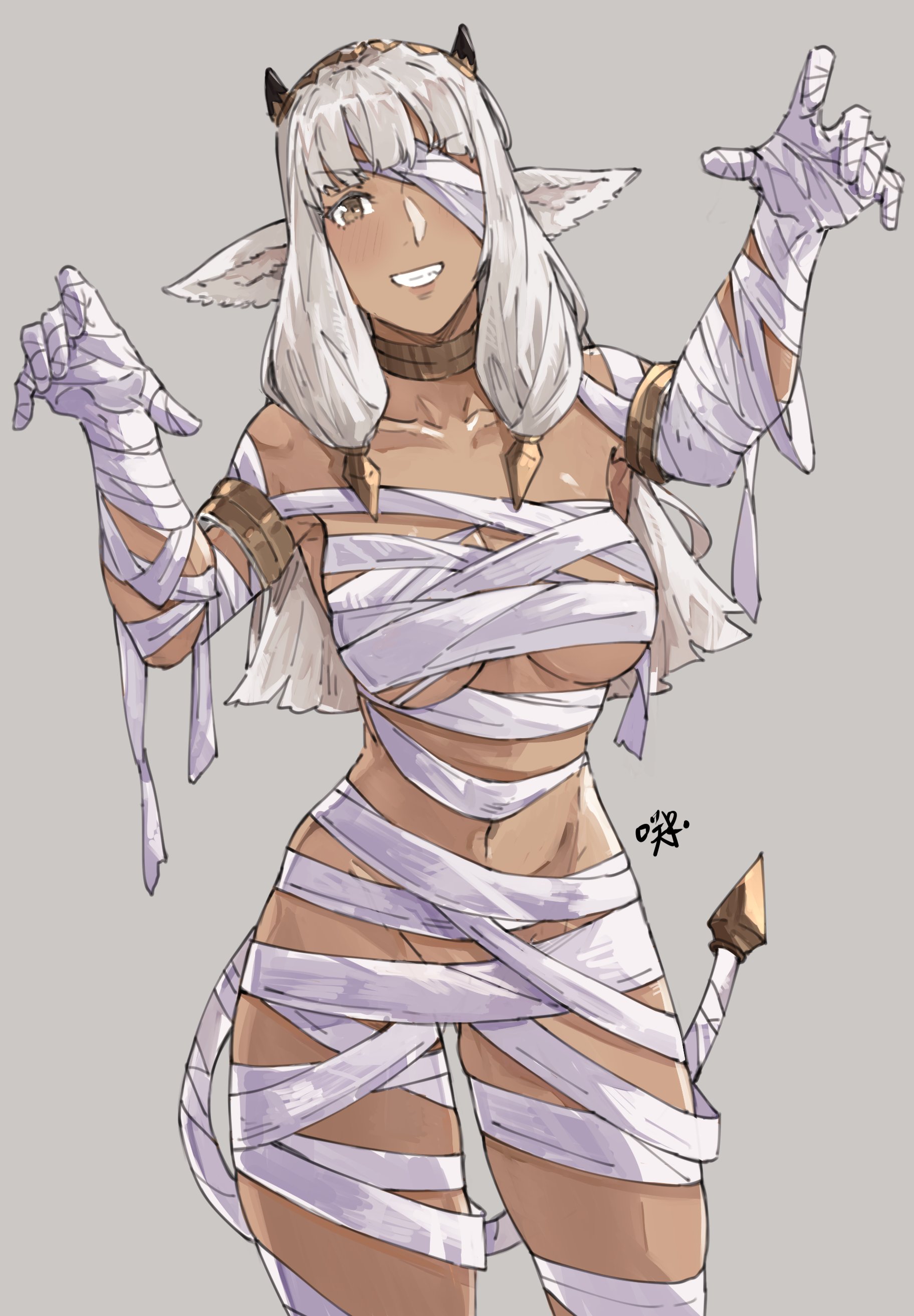 1girls, absurdres, alternate costume, animal ears, armlet, ash (fire emblem), bandage over one eye, bandages, bangs, black horns, breasts, brown eyes, collar, collarbone, commentary, cow ears, cow girl, cow horns, cow tail, dark skin, dark-skinned female, english commentary, female, female only, fire emblem, fire emblem heroes, grey background, grin, halloween, halloween costume, highres, horns, looking at viewer, medium breasts, mummy costume, naked bandage, nintendo, one eye covered, sakuremi, signature, simple background, smile, solo, tail, teeth, white hair
