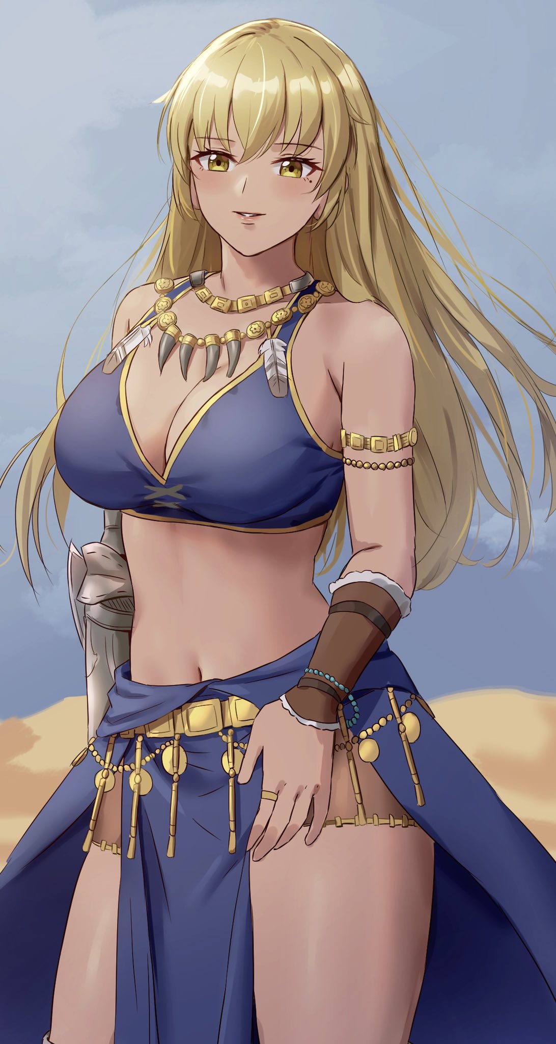 1girls amayo_thranana big_breasts blonde_hair breasts busty desert female female_only fire_emblem fire_emblem:_the_binding_blade hawkeye_(fire_emblem)_(cosplay) hi_res igrene_(fire_emblem) jewelry large_breasts legs long_hair looking_at_viewer midriff parted_lips smile thighs yellow_eyes