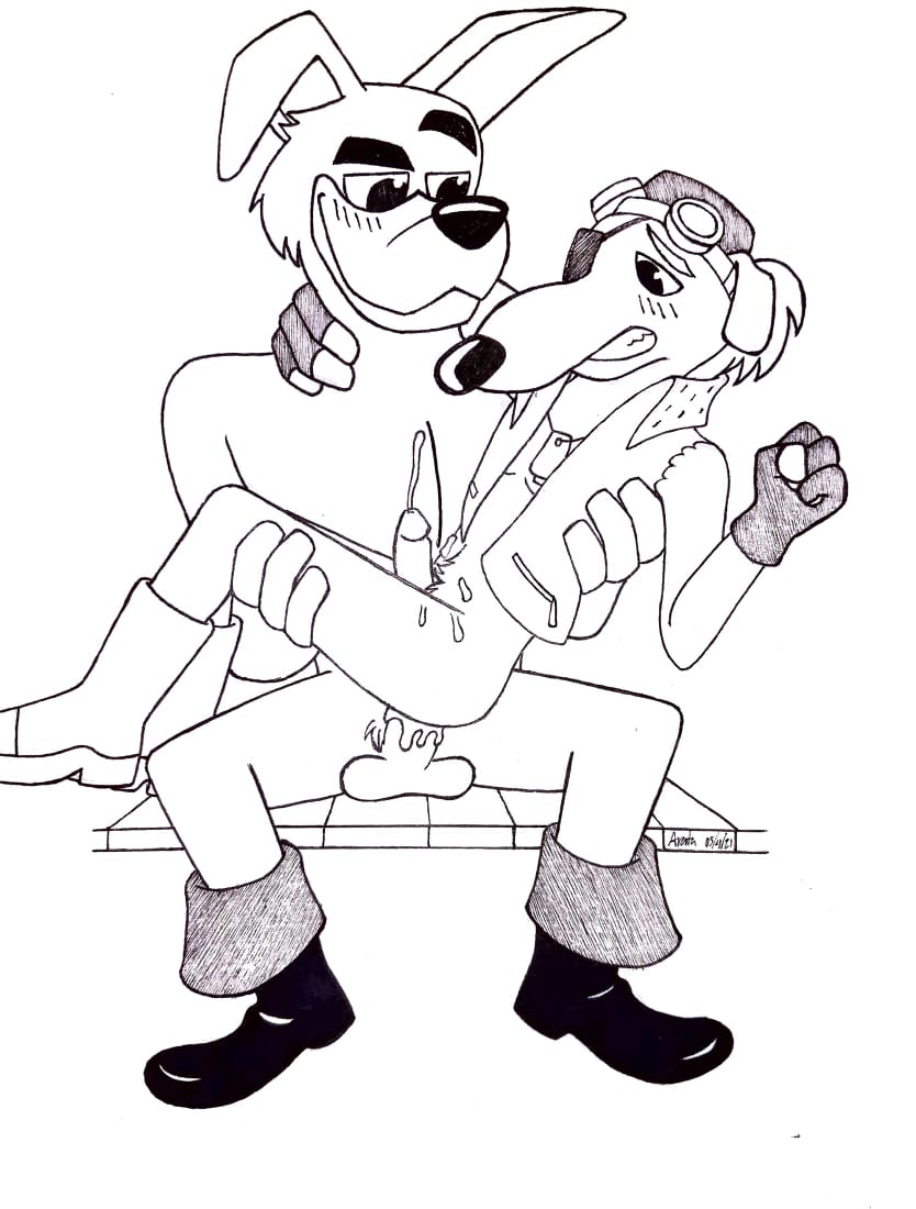 2021 anthro arata_(artist) black_and_white bodily_fluids canid canine canis clenched_teeth cum cum_inside disney disney_channel disney_xd domestic_dog don_karnage ducktales ducktales_(2017) duo ejaculation gay genital_fluids line_art male male/male male_only mammal monochrome penis signature sitting smile talespin teeth testicles traditional_media_(artwork) ugly_mug wolf yaoi