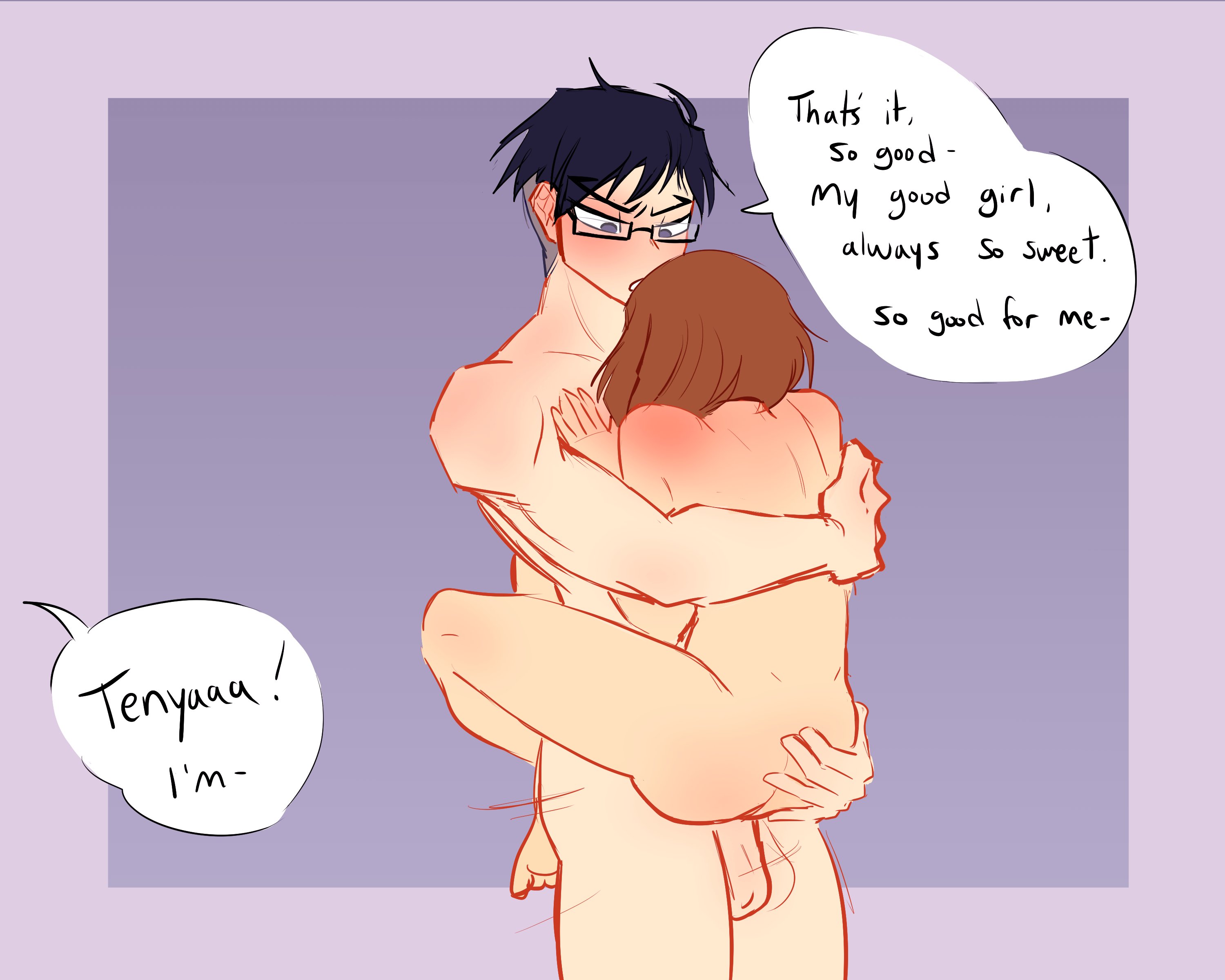 1boy, 1girls, blue hair, blue-haired male, brown hair, brown-haired female, dialogue, female, gentle maledom, glasses, male, male/female, my hero academia, ochako uraraka, penis, pretty werewolf, purple hair, sex, suspended congress, tenya iida