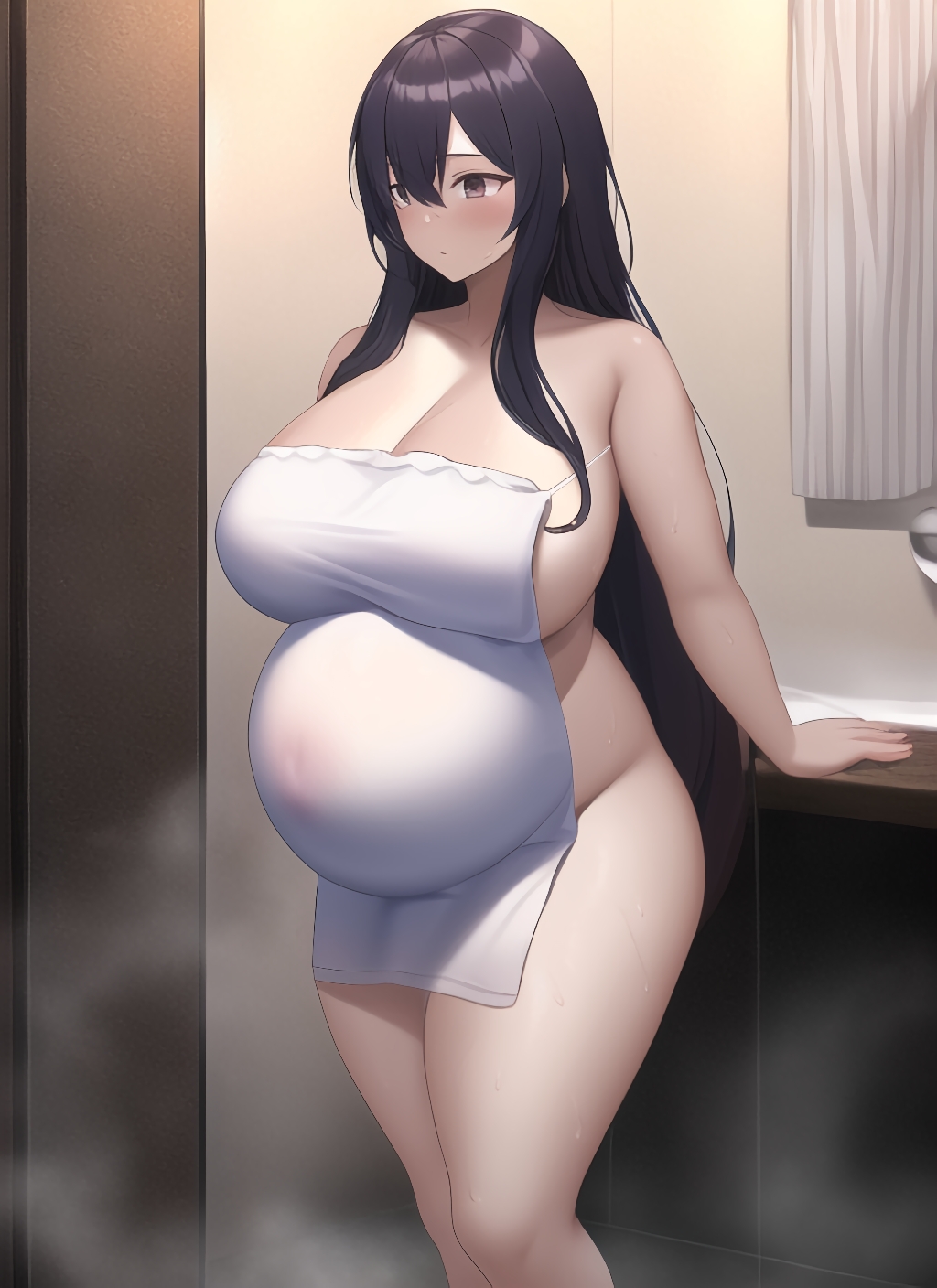 ai generated, bathroom, big breasts, black hair, blush, breasts, cleavage, female, female only, huge breasts, long hair, nai diffusion, plump, pregnant, sideboob, solo, stable diffusion, standing, steam, sweat, thick thighs, towel, towel only, very long hair, wet skin