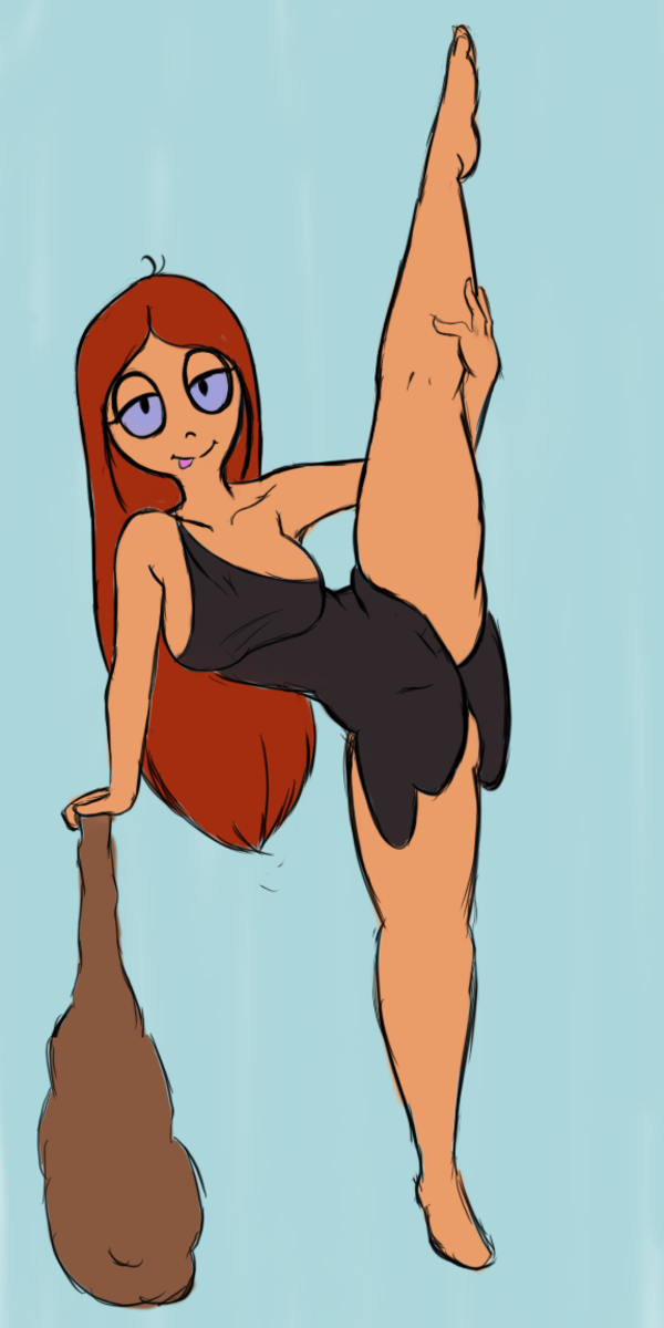 1girls 4_fingers aged_up artist_request atrocia_frankenstone big_ass big_breasts black_dress brown_hair cavegirl cavewoman club club_(weapon) dress featureless_feet female hanna-barbera holding_leg holding_leg_up holding_own_leg looking_at_viewer one_leg_up orange_hair source_request tagme the_flintstones the_frankenstones tongue tongue_out