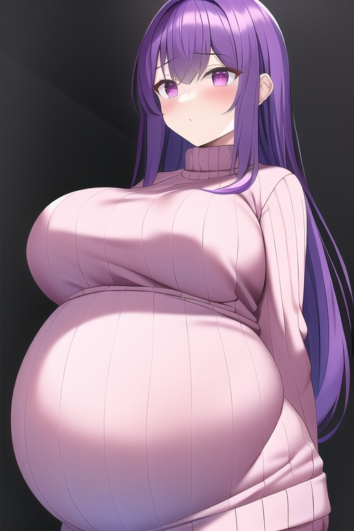 ai generated, arms behind back, big breasts, blush, breasts, female, female only, long hair, looking at viewer, maternity clothes, nai diffusion, pregnant, purple eyes, purple hair, ribbed sweater, solo, stable diffusion, sweater, sweater dress, turtleneck