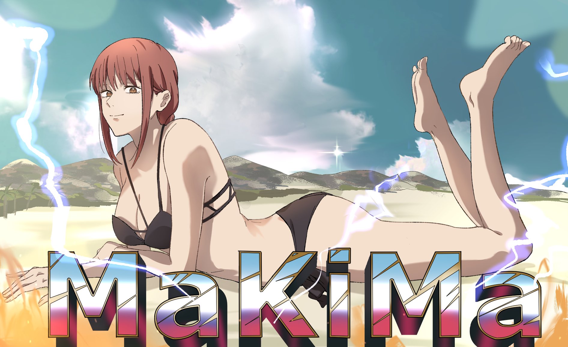 ass, beniiii01, big ass, big breasts, bikini, black bikini, braided hair, breasts, chainsaw man, female, looking at viewer, makima (chainsaw man), red hair, thick thighs, yellow eyes