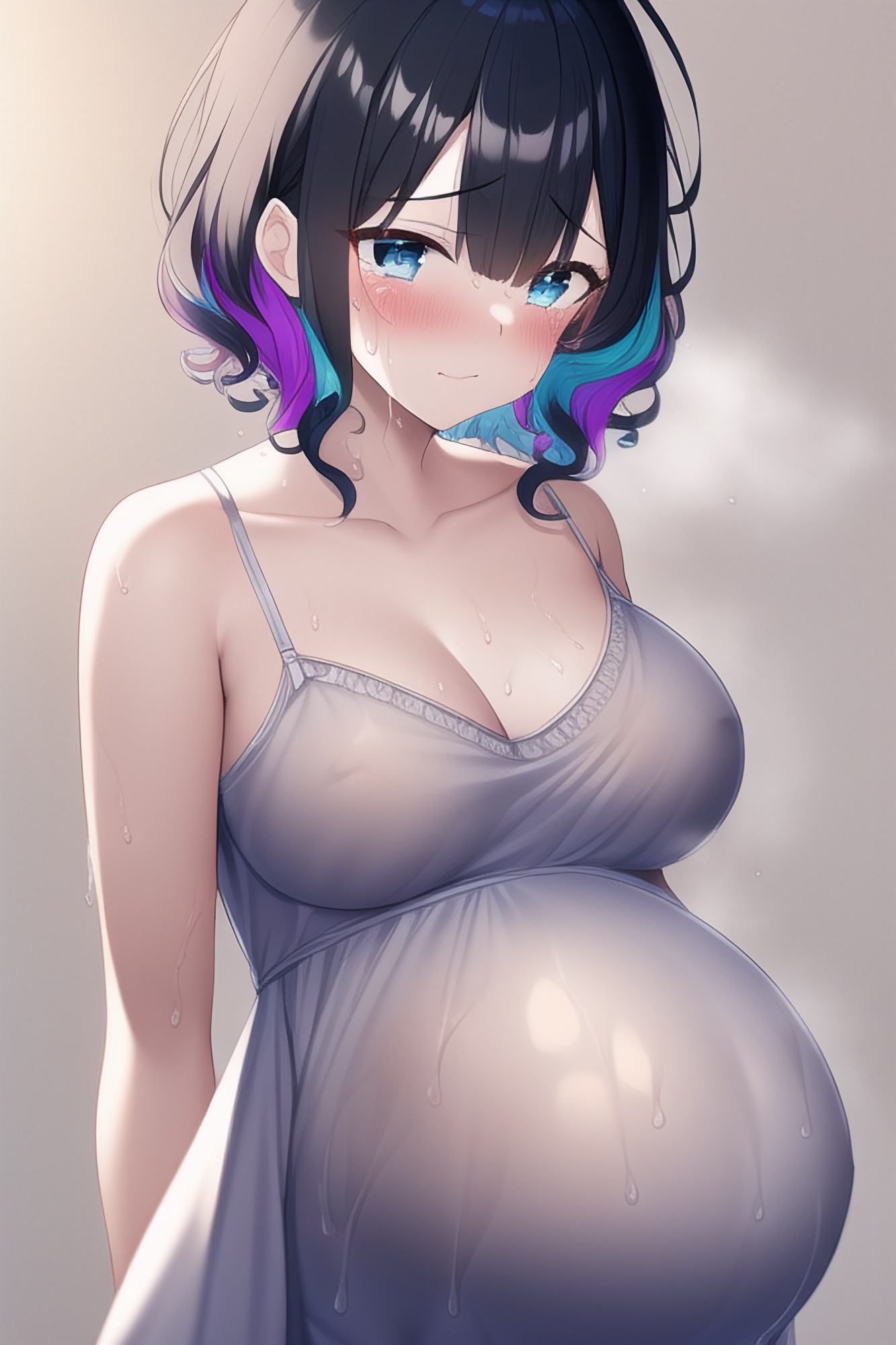 ai generated, arms behind back, big breasts, black hair, blue eyes, blush, breasts, cleavage, curly hair, dyed hair, female, female only, looking at viewer, multicolored hair, nai diffusion, nightgown, nipple bulge, pregnant, short hair, solo, stable diffusion, sweat, tears, wet, wet clothes, wet skin