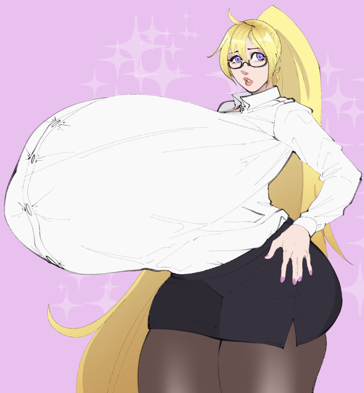 1girls, 2021, blonde hair, blue eyes, breasts, breasts bigger than torso, cassie (theycallhimcake), enormous breasts, female, female focus, fully clothed, glasses, hand on hip, hips, hyper, hyper breasts, long hair, office lady, solo, solo female, solo focus, strongmoist, thick thighs, thighs, top heavy, wide hips