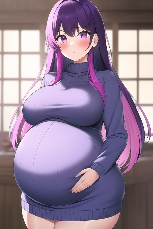 ai generated, big breasts, blush, breasts, female, female only, hand on belly, hand on stomach, long hair, maternity clothes, nai diffusion, pregnant, purple eyes, purple hair, ribbed sweater, solo, stable diffusion, sweater, sweater dress, turtleneck, wide hips